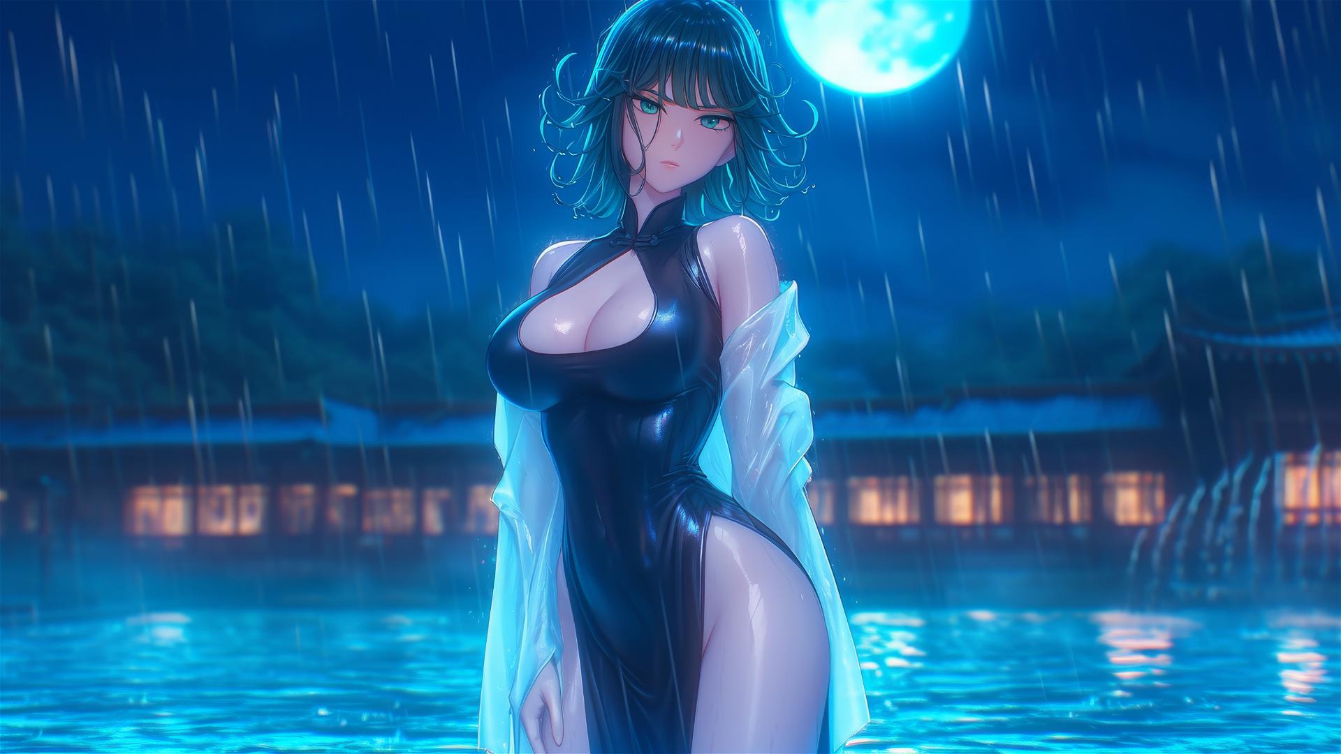 Tatsumaki from One-Punch Man stands in a pool under moonlight, white dress, rainy ambiance