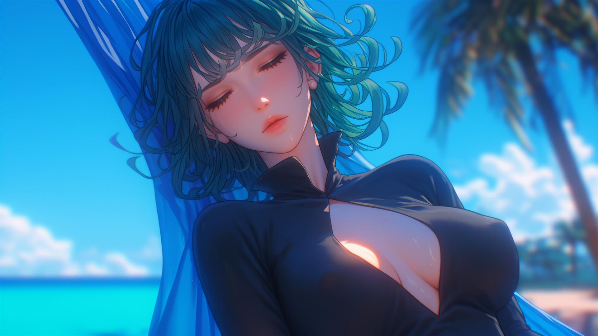 Tatsumaki from One-Punch Man resting by the pool under moonlight