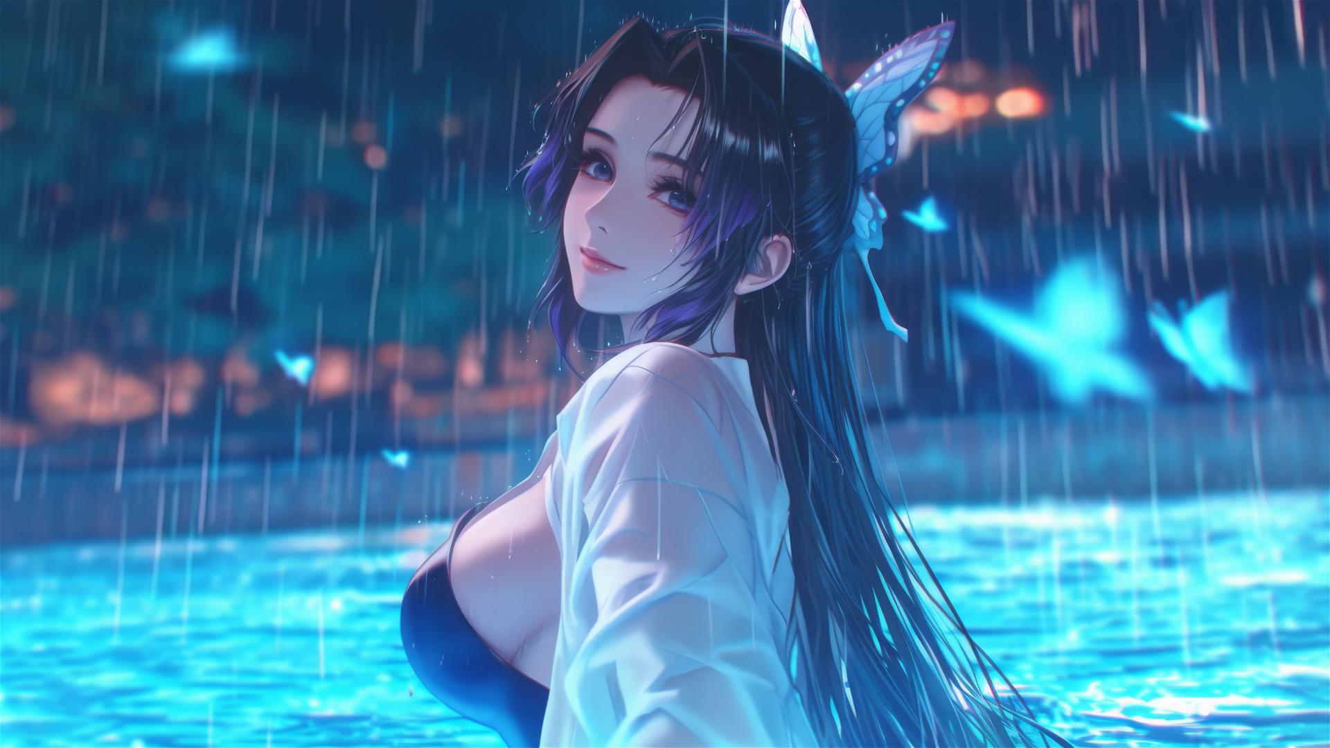 Shinobu Kocho from Demon Slayer in a rainy pool under moonlight