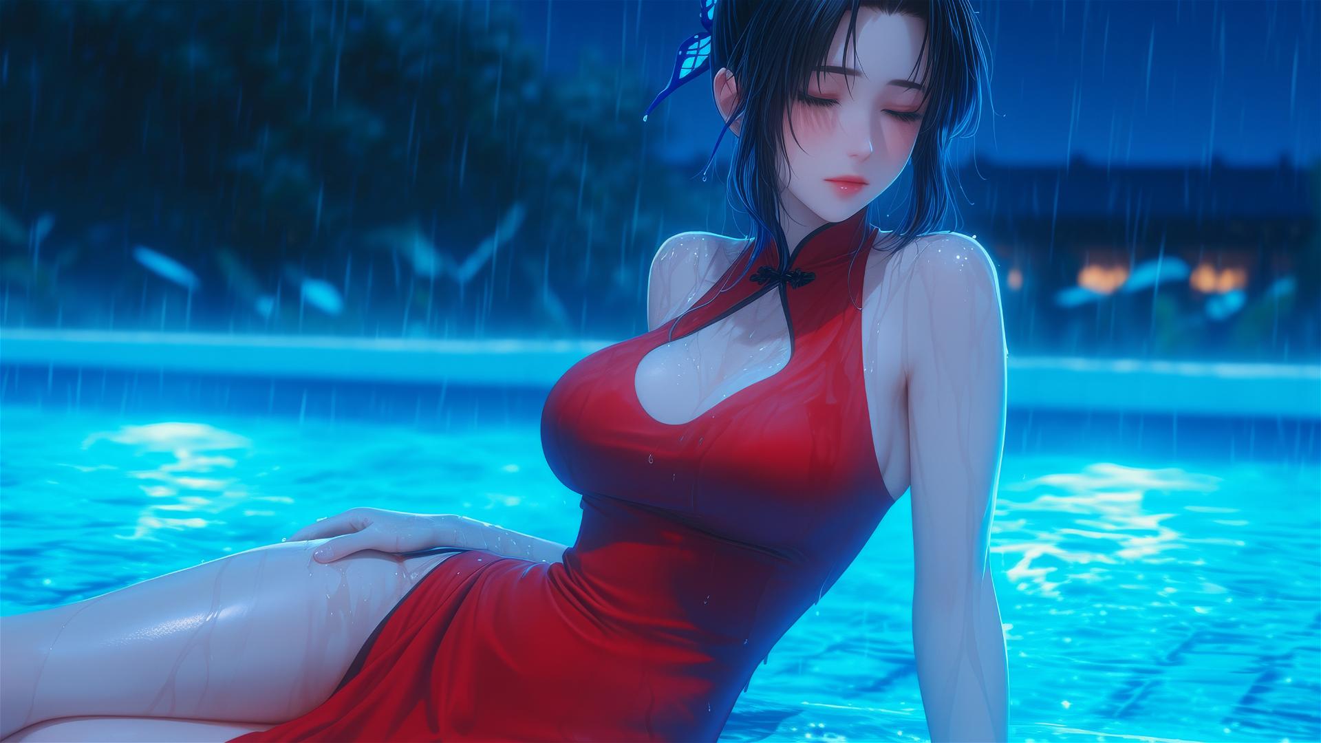 Shinobu Kocho rests by a pool in the rain at night in a red dress