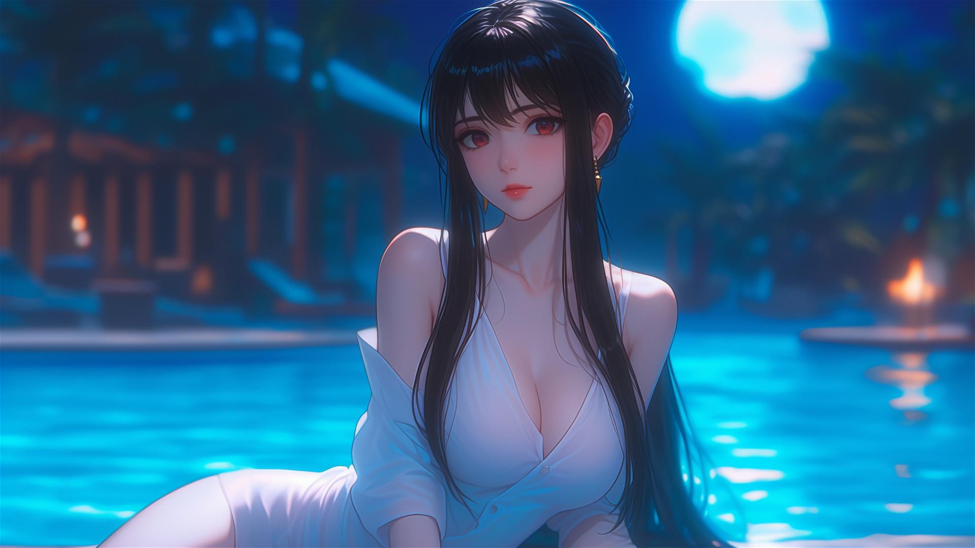 Yor Forger from Spy x Family relaxing by pool under moonlight