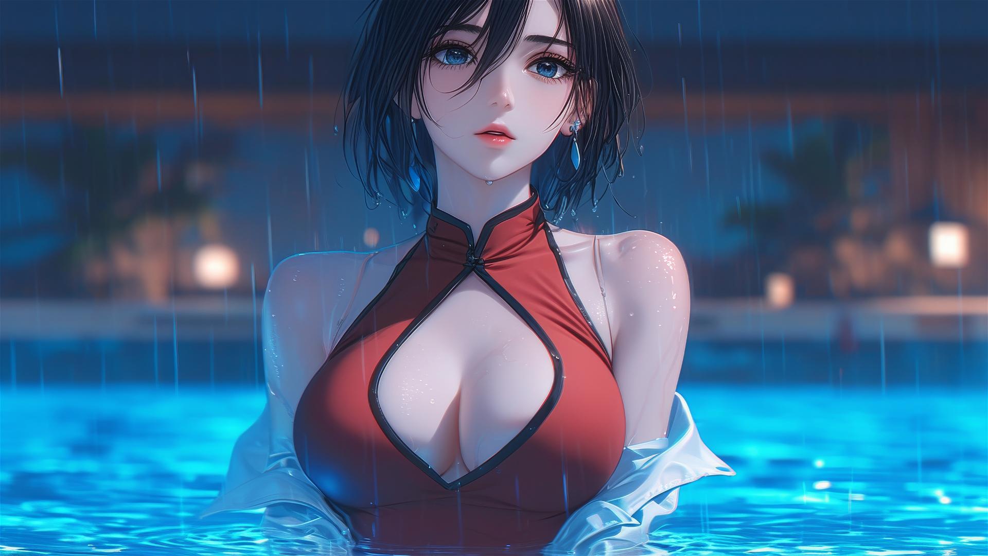 Mikasa Ackerman stands in a moonlit pool with rain, in a red dress, short hair