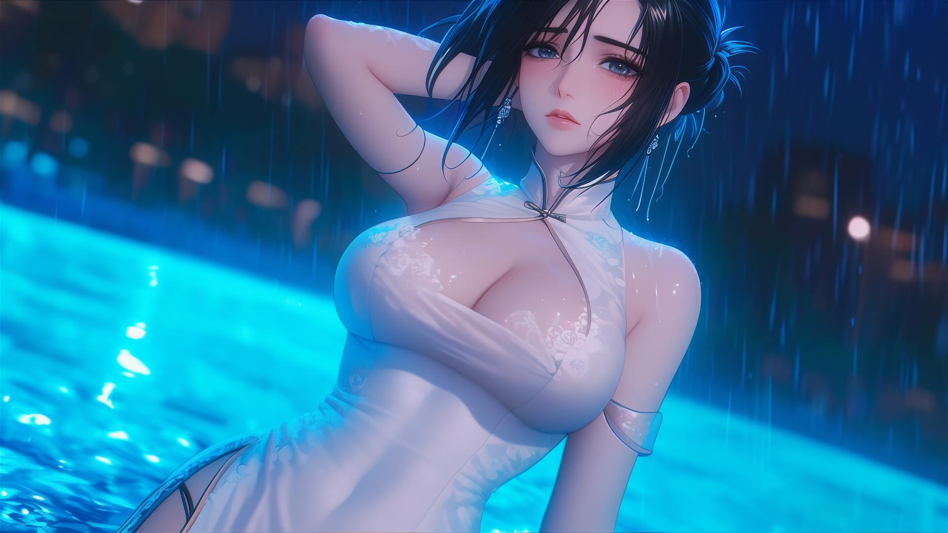 Mikasa Ackerman in rain at pool with moon glow, in pink dress