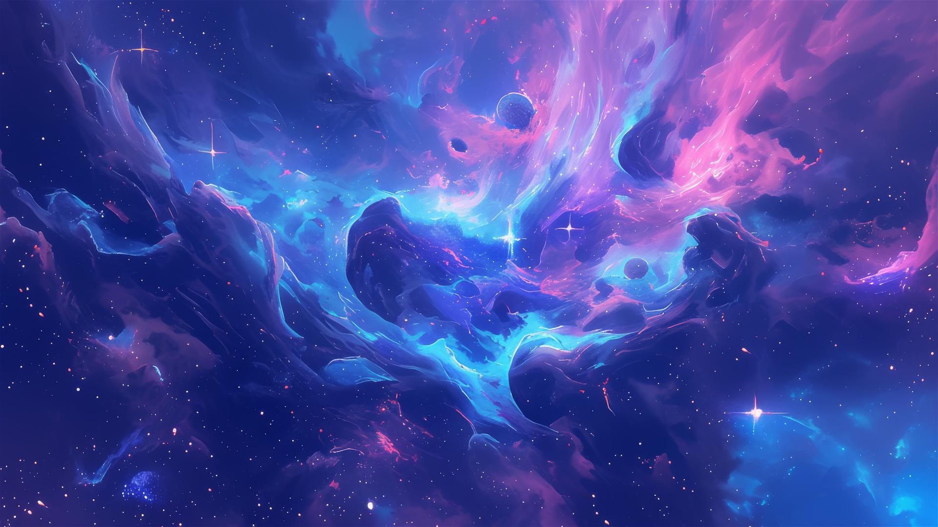 Nebula with pink, blue, purple swirls and twinkling stars