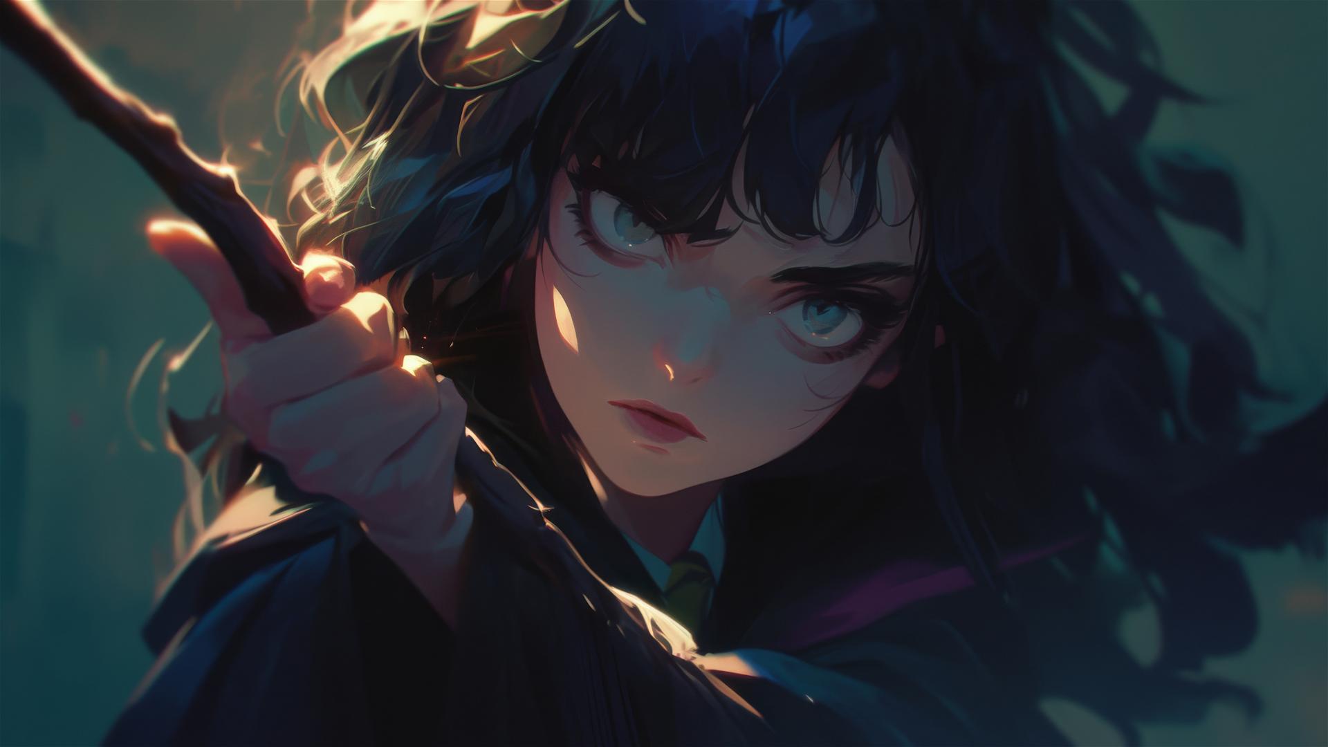 Hogwarts witch girl in spotlight on dark background