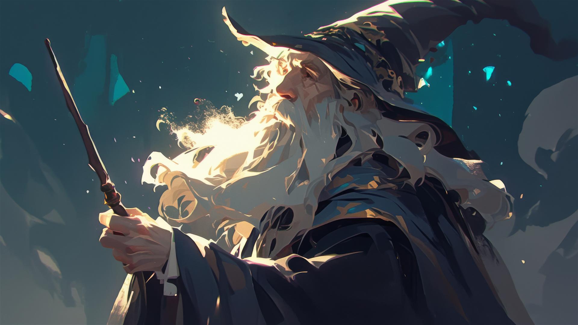 Artistic illustration of Dumbledore with dark background and spotlight effect