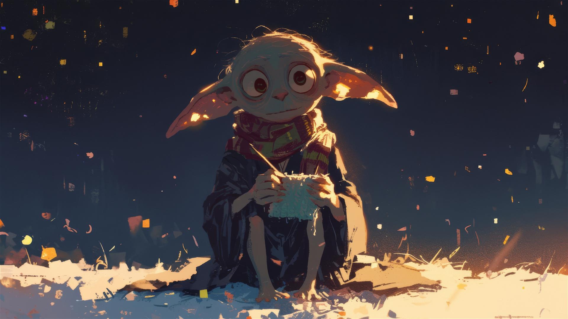 Dobby the house elf knitting with spotlight on dark background