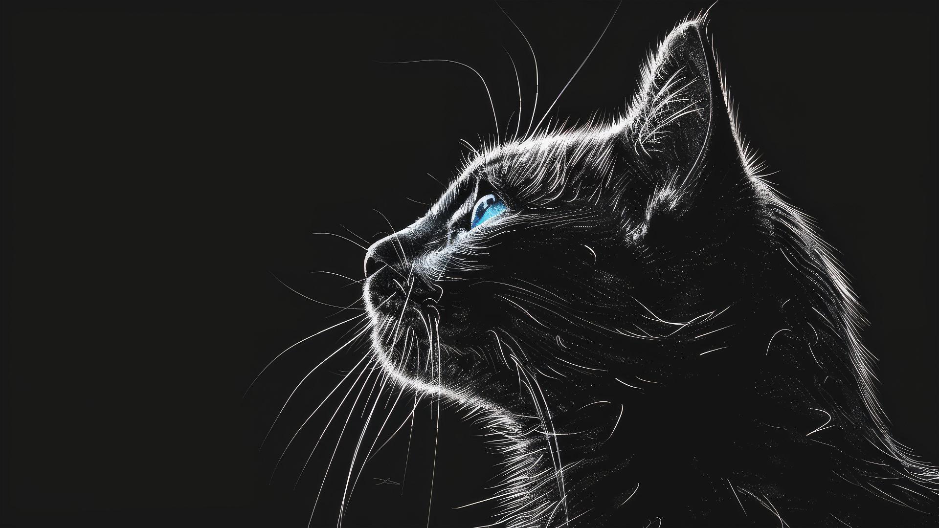 Elegant cat in profile with white and blue lines on black