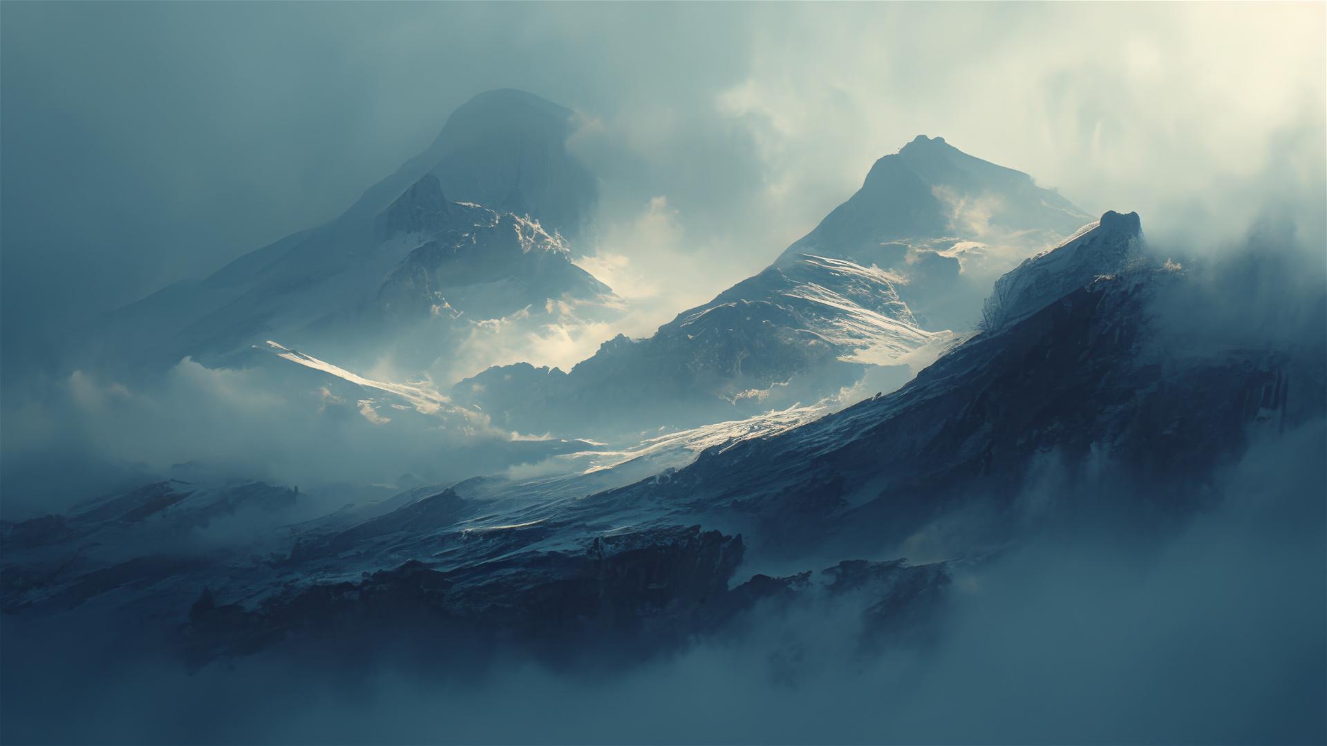 Silvery fog over mountain pass at dawn