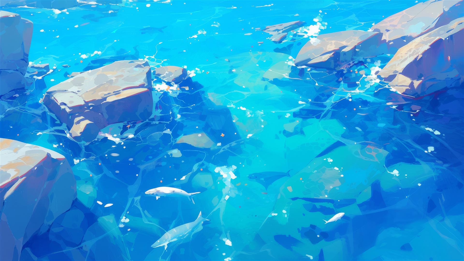 Lapis lazuli cove with water and rocks under midday sun