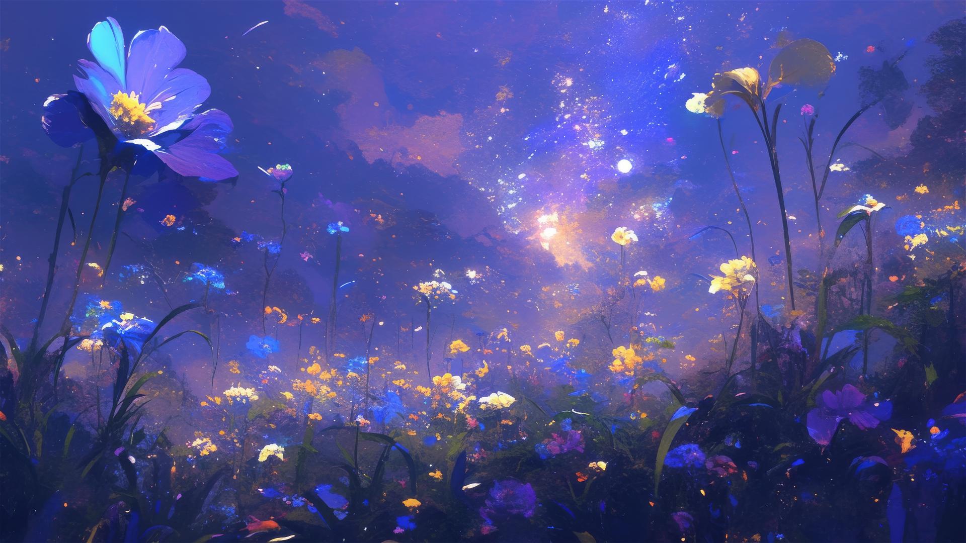 Floral galaxy with glowing constellation flowers at night