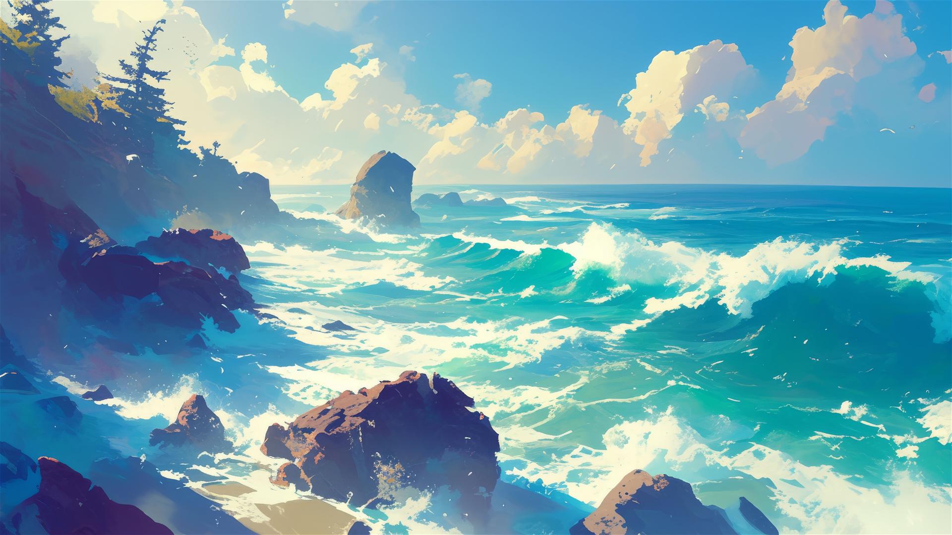 Waves hitting piano key-like rocks creating notes