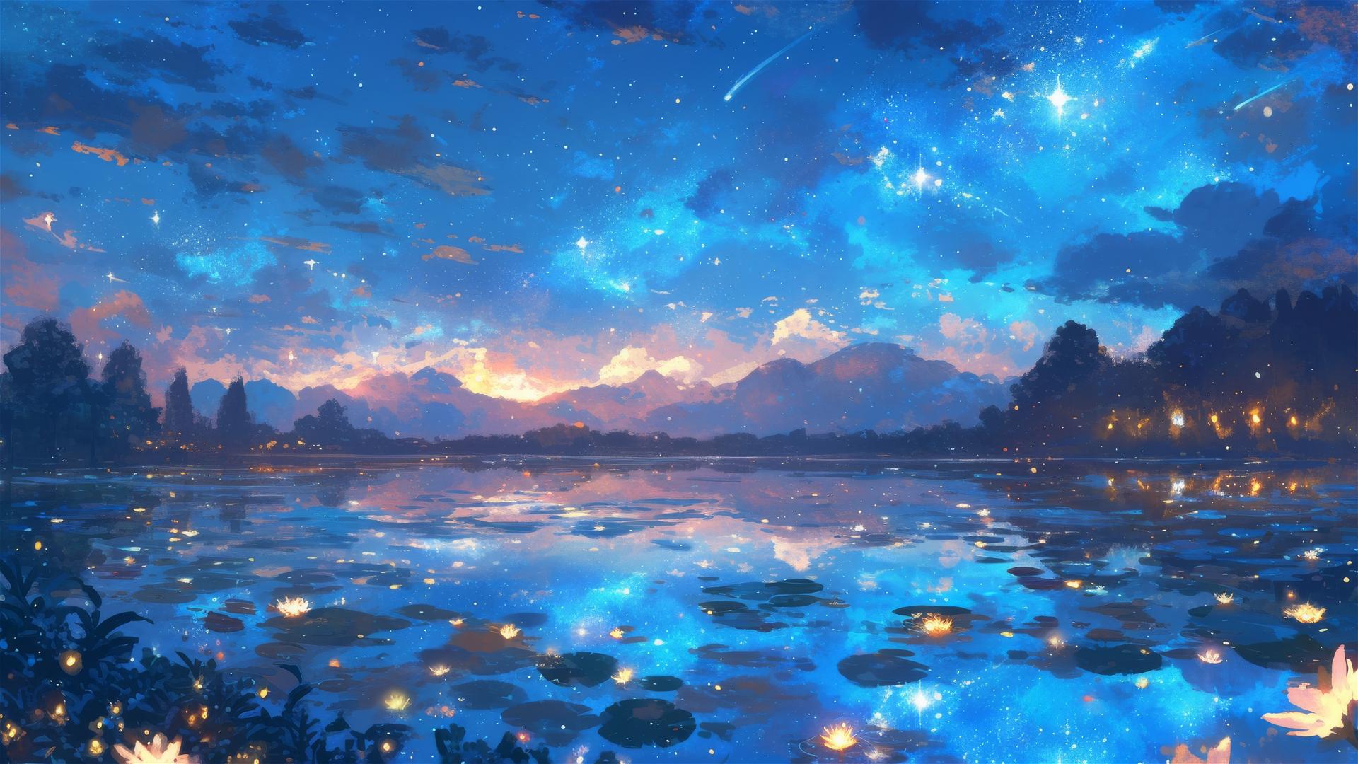 Starfall cascading into a serene lake with reflected stars
