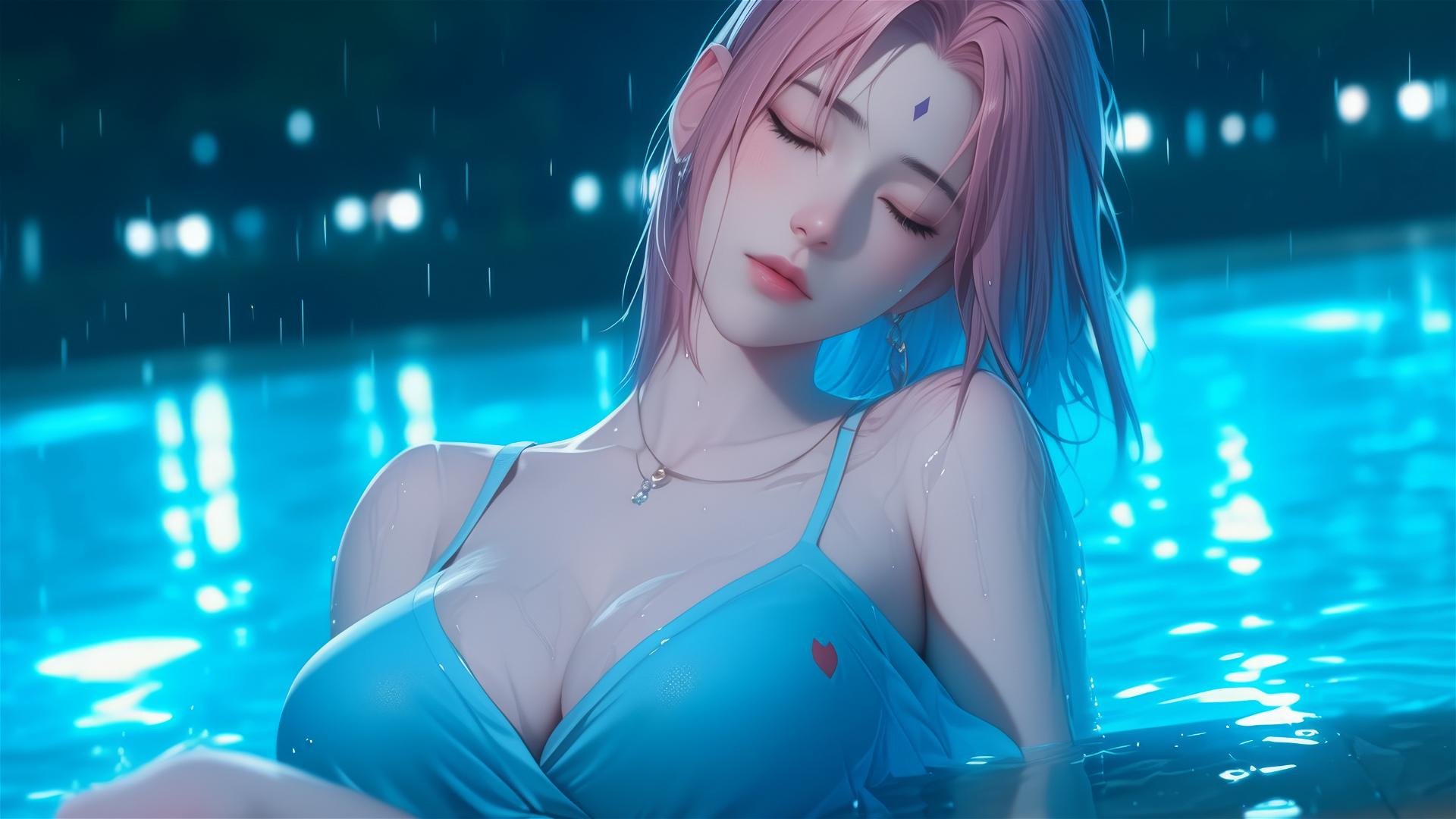 Haruno Sakura resting by pool in moonlight with rain
