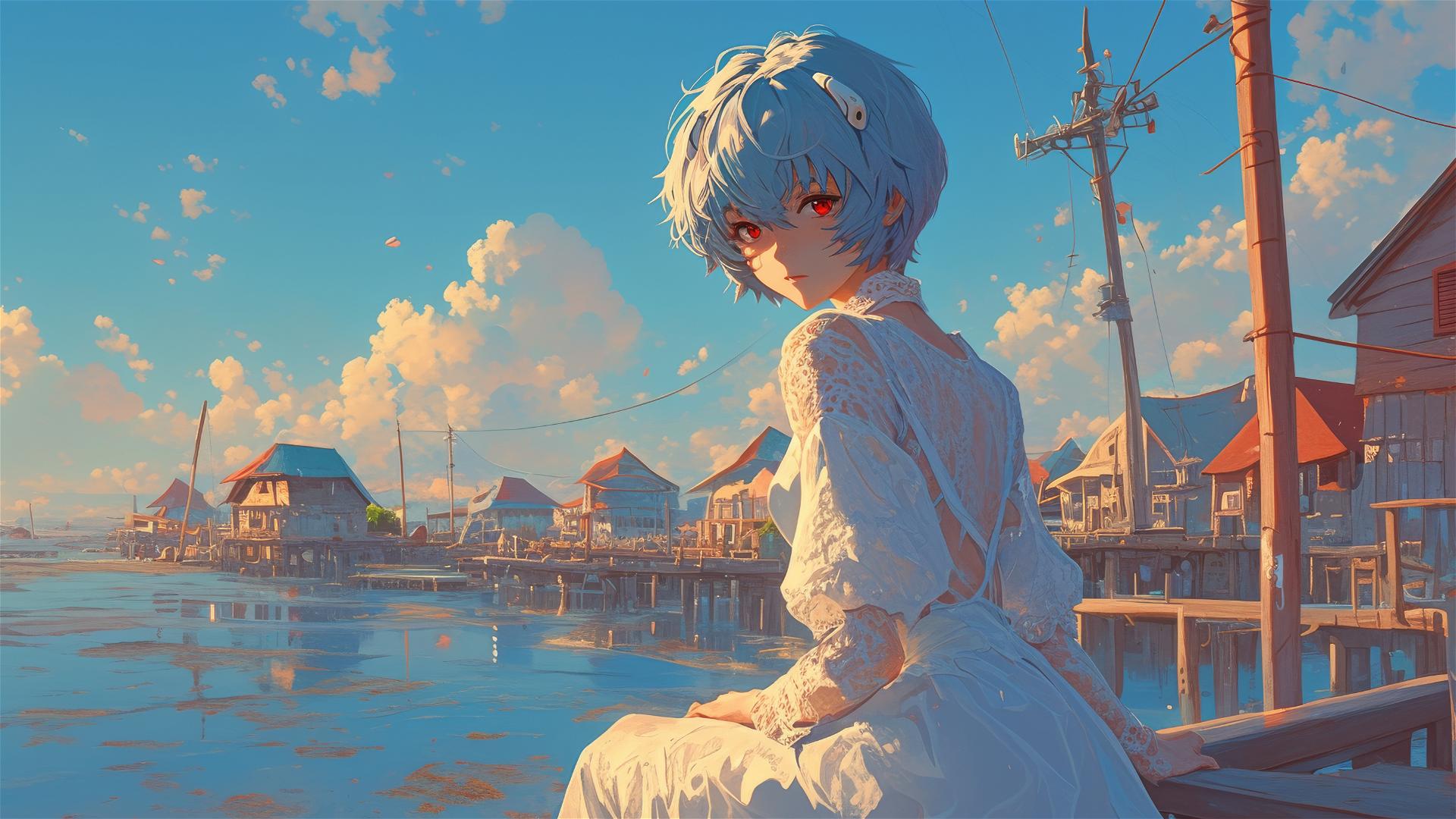 Rei Ayanami in lace dress at seaside village during sunset