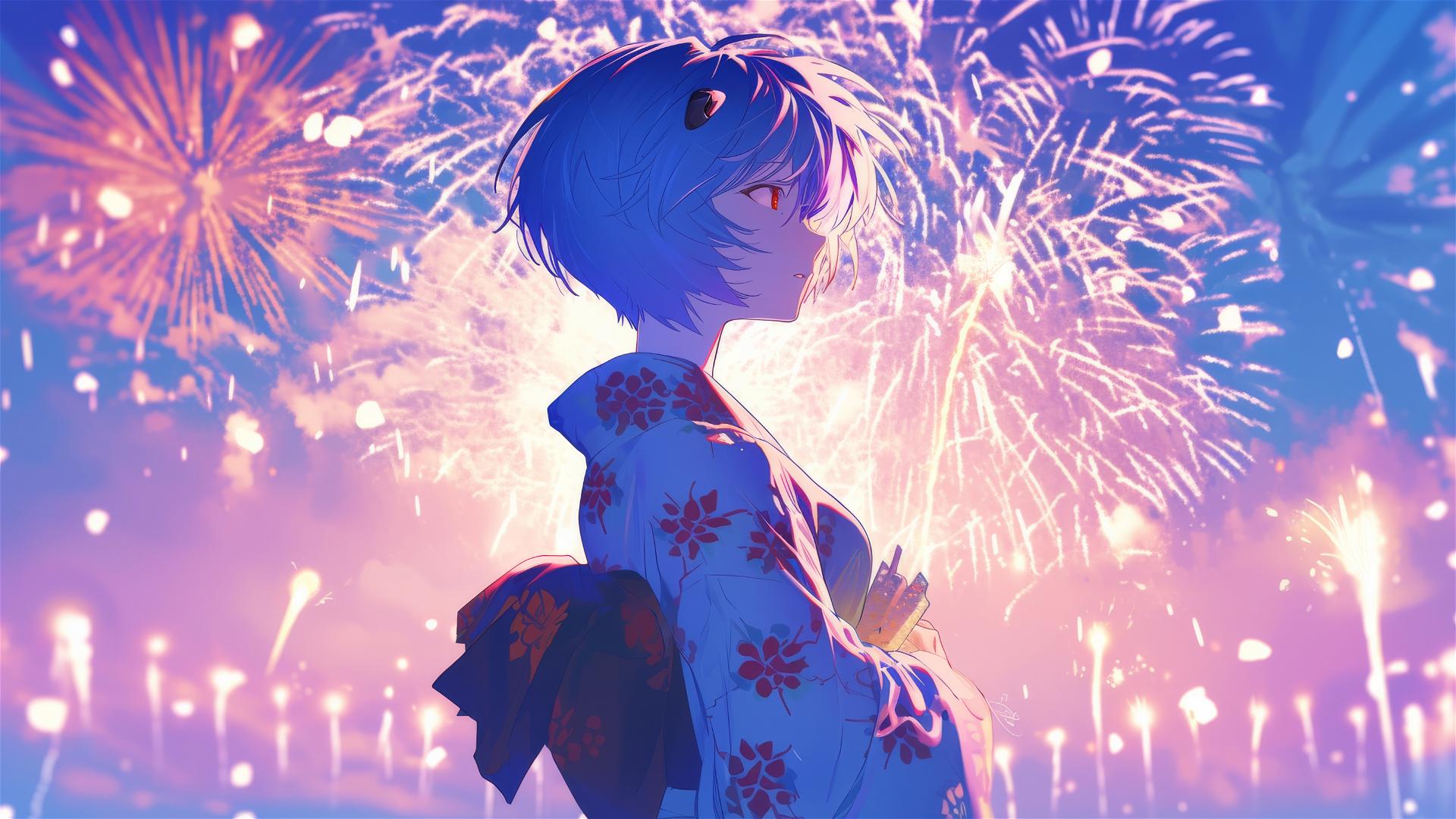 Rei Ayanami in a modern yukata watching fireworks