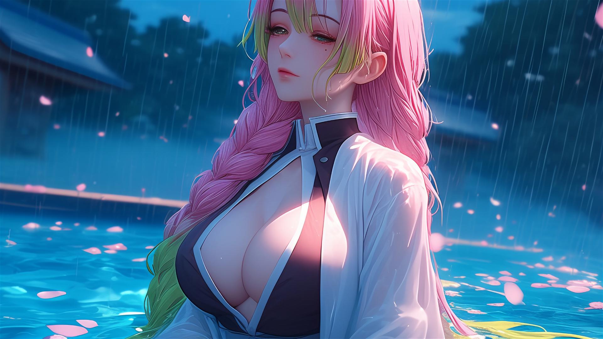 Mitsuri Kanroji resting by pool under moonlight, in pink