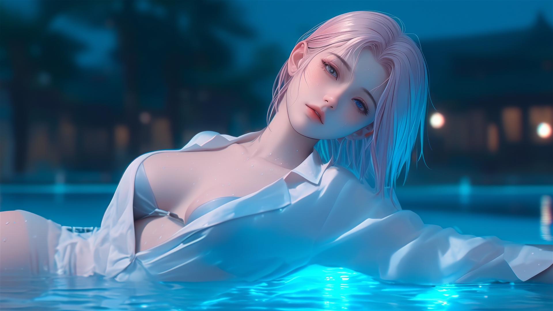 Sakura Haruno by pool in white shirt under moonlight with rain