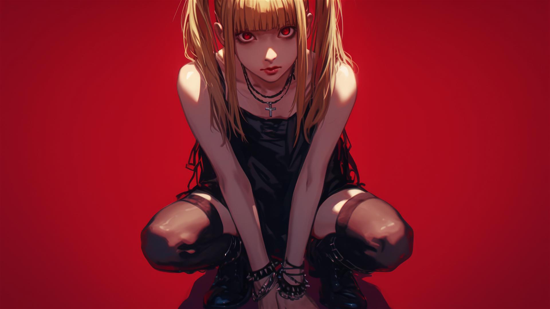 Misa Amane from Death Note with red eyes in a dynamic pose on a dark background