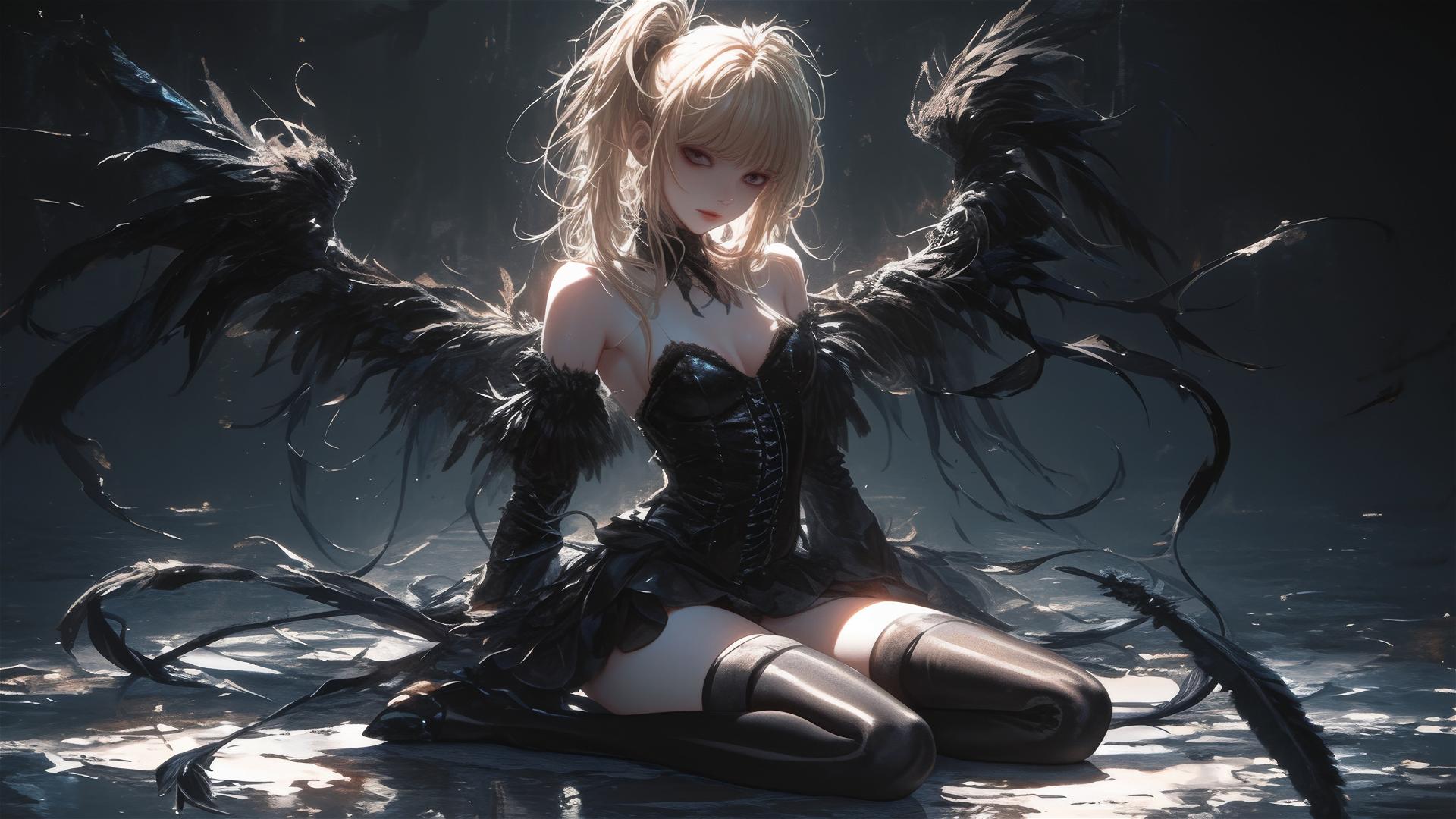 Misa Amane from Death Note in dynamic pose on dark background with spotlight effect