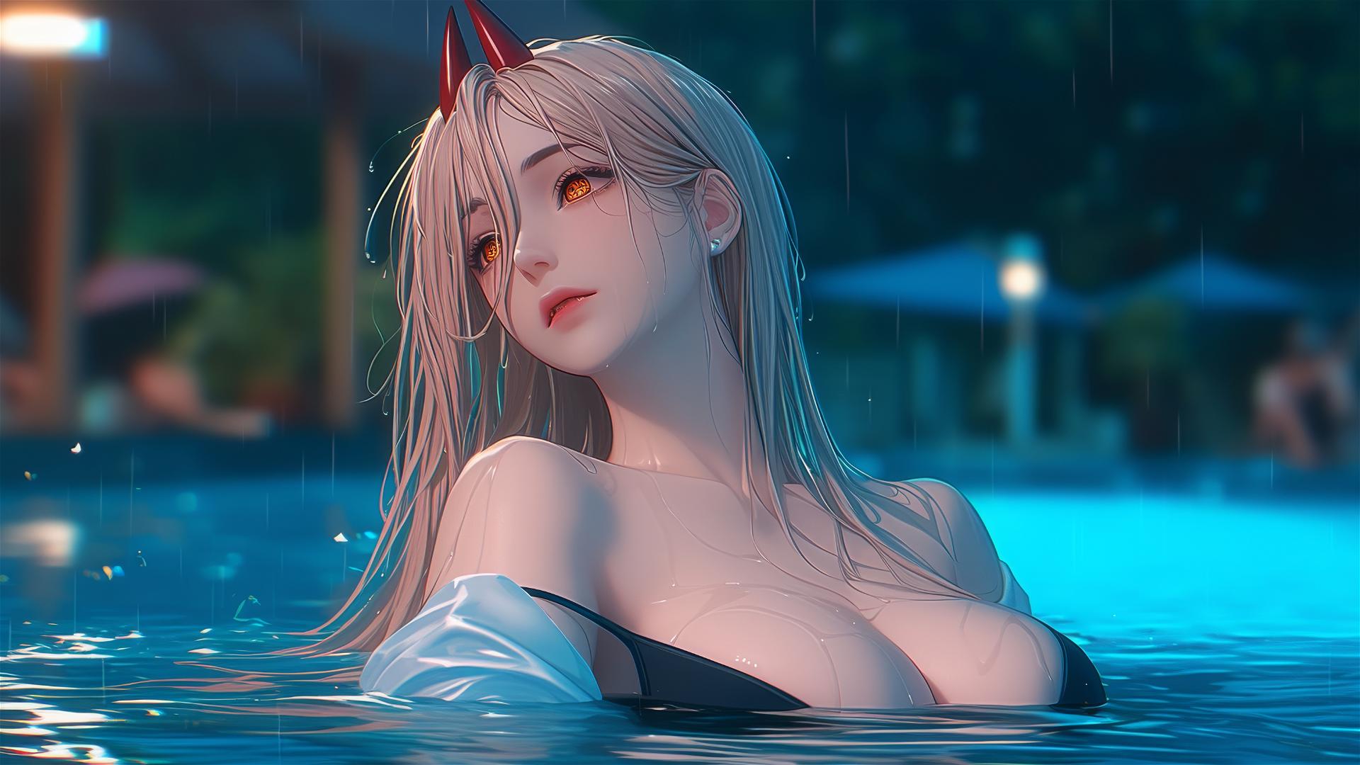 Power from Chainsaw Man resting at rainy swimming pool with light red horns, blond hair, and yellow eyes