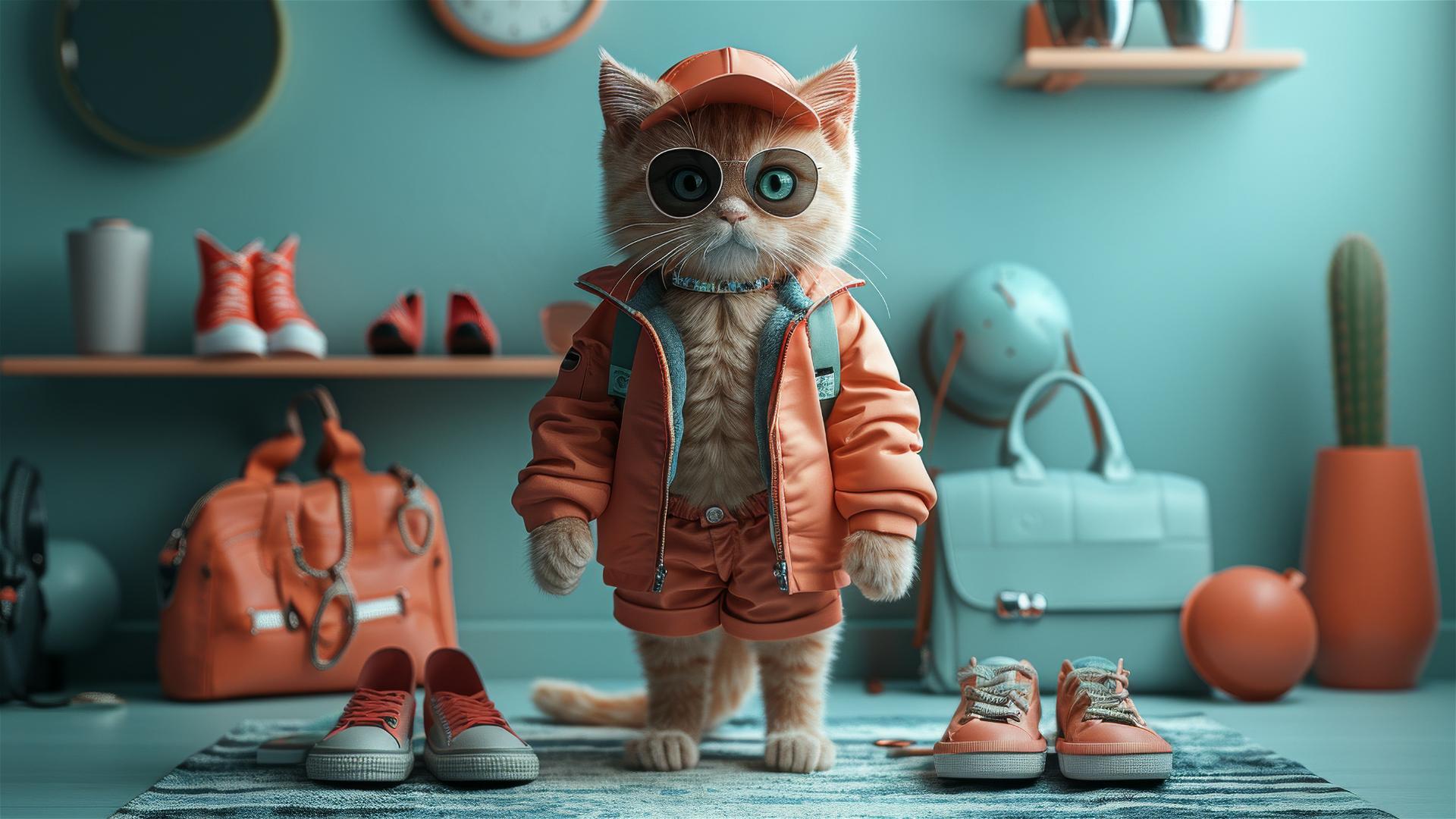 Illustration of a stylish cat in sunglasses, hat, shorts, and sneakers, with various fashion accessories on a light blue background
