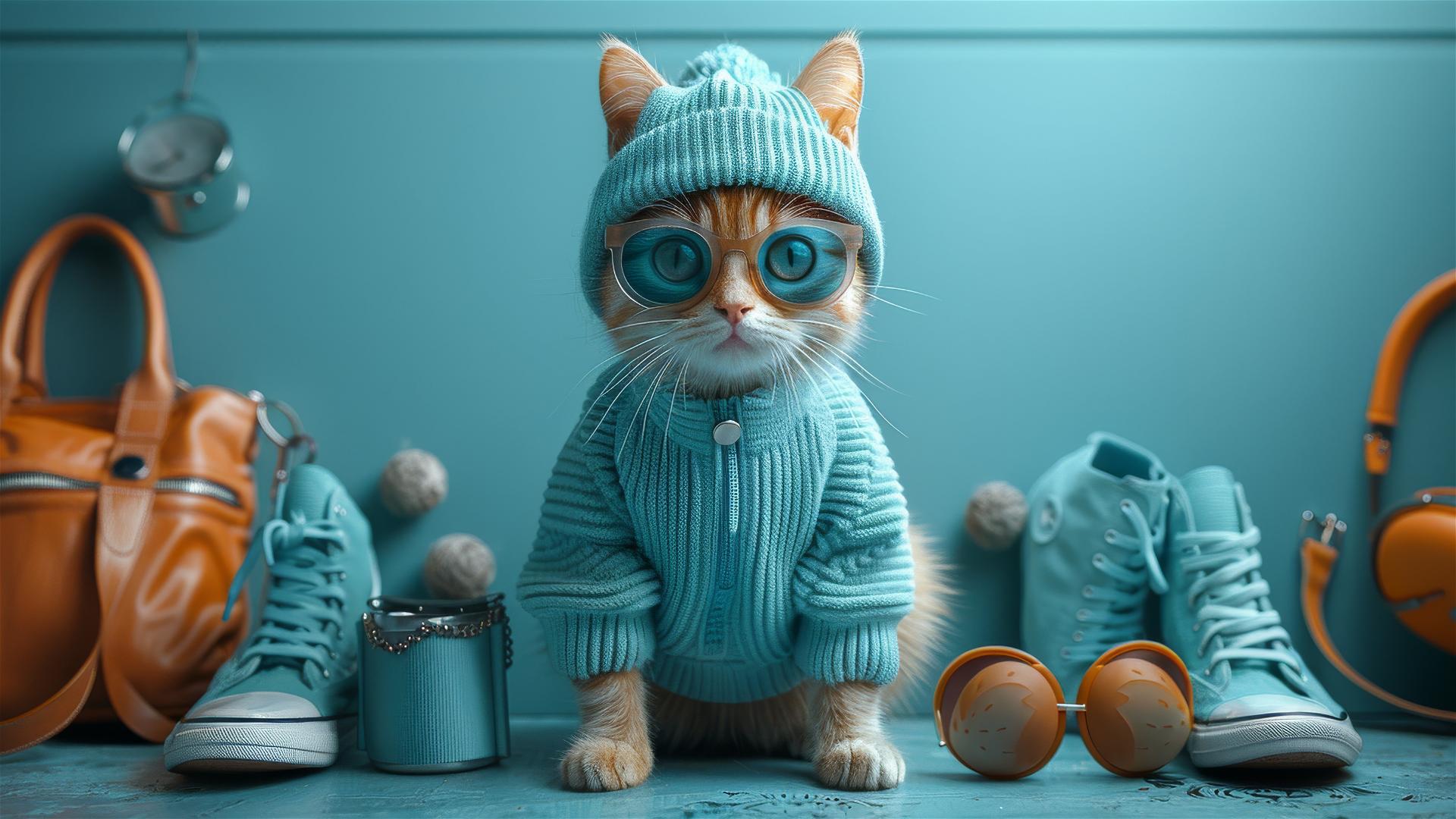 A fashionable cat in sunglasses, hat, shorts and sneakers, surrounded by accessories on a light blue background