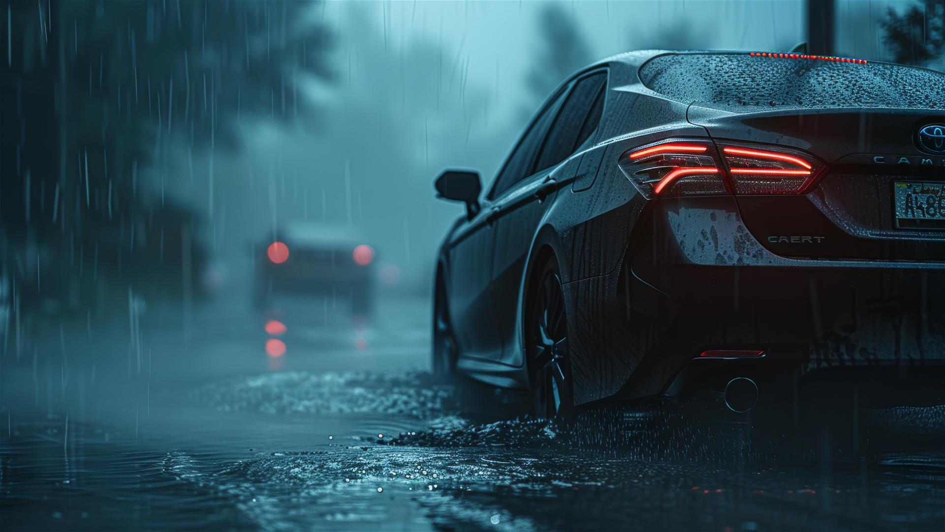 Closeup view of a Toyota Camry in dim, foggy, gothic setting