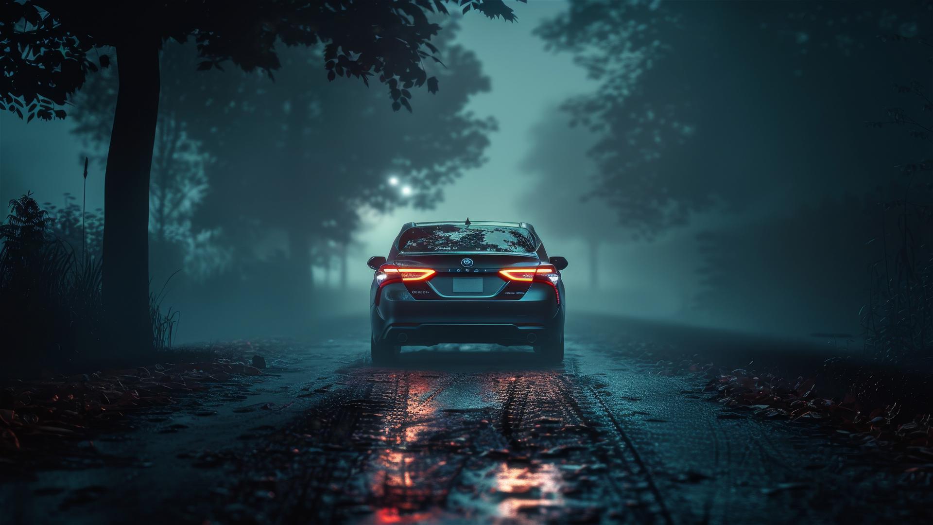 A photorealistic closeup view of a Toyota Camry in gothic gloomy, foggy and dim lighting