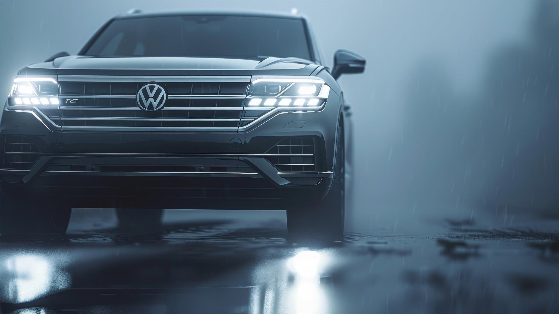 Volkswagen Touareg closeup in dim, gothic gloomy lighting, with fog