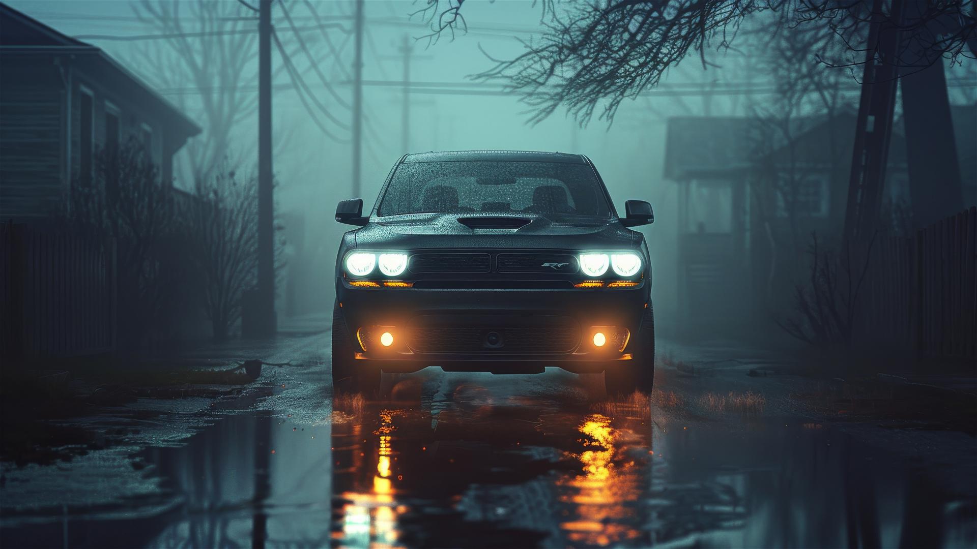 Dimly lit, photorealistic closeup view of a Dodge Durango in a foggy, gothic setting