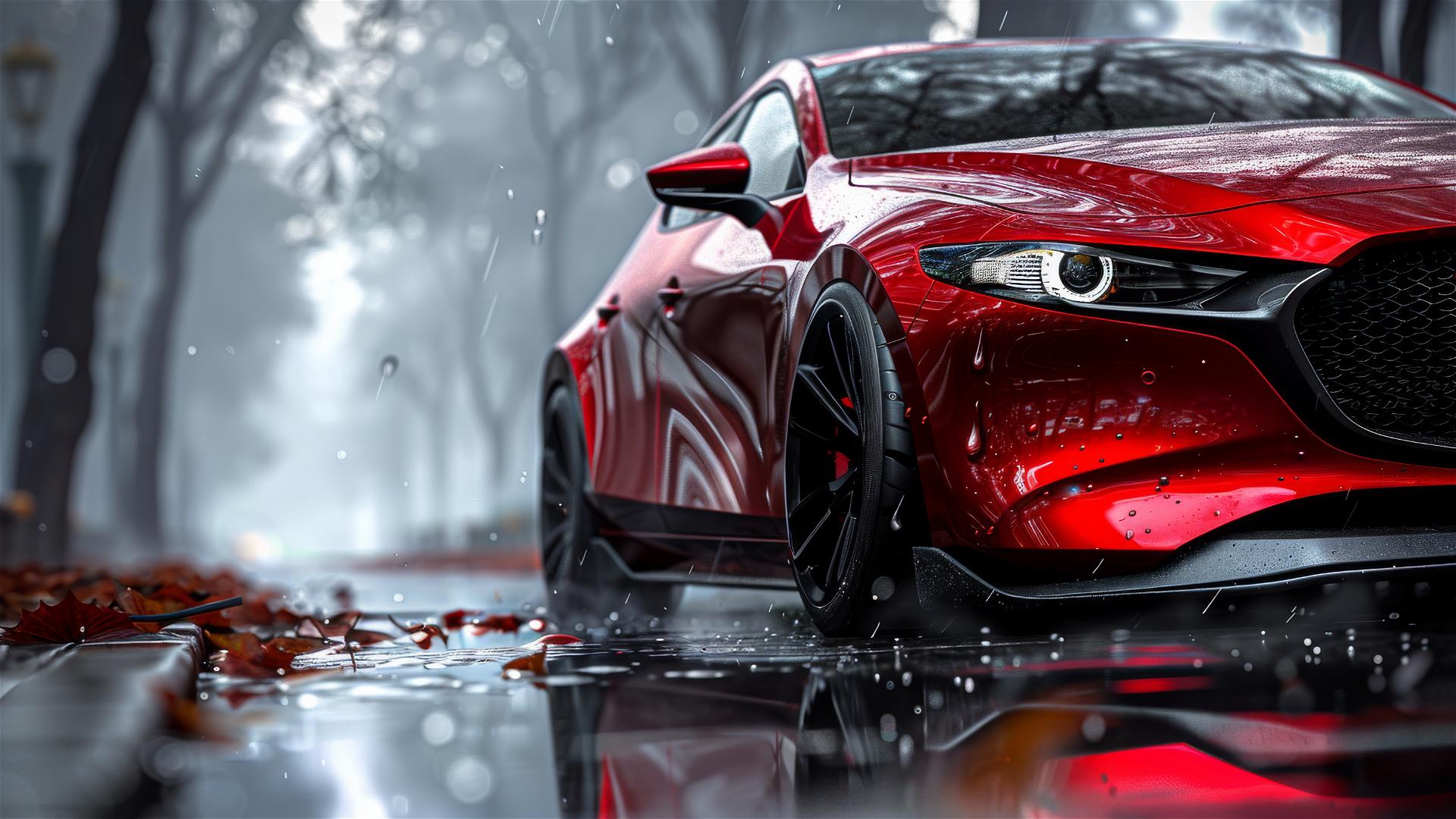 A photorealistic closeup view of a Mazda 3 in dim, foggy, gothic gloomy lighting