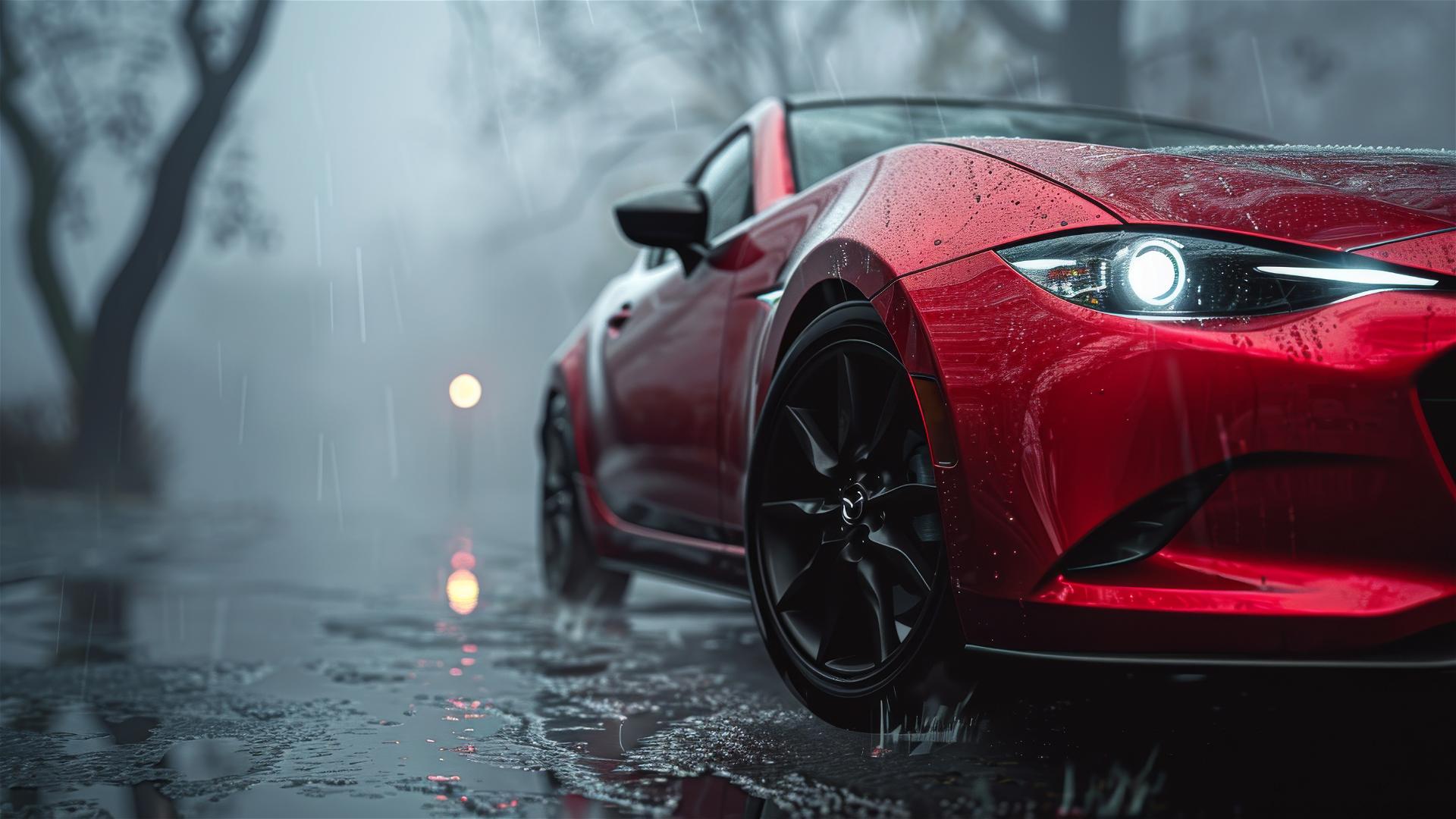 Mazda 3 under dim gothic lighting, foggy and photorealistic