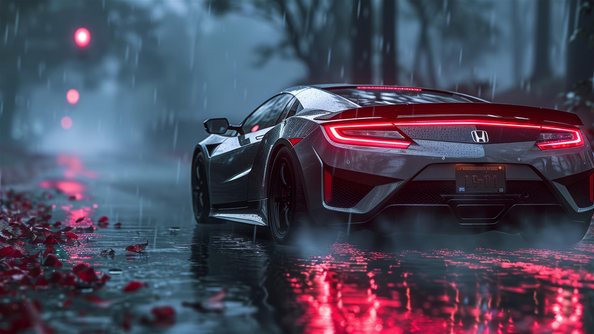 Closeup view of Honda NSX in dim, foggy, Gothic gloomy lighting
