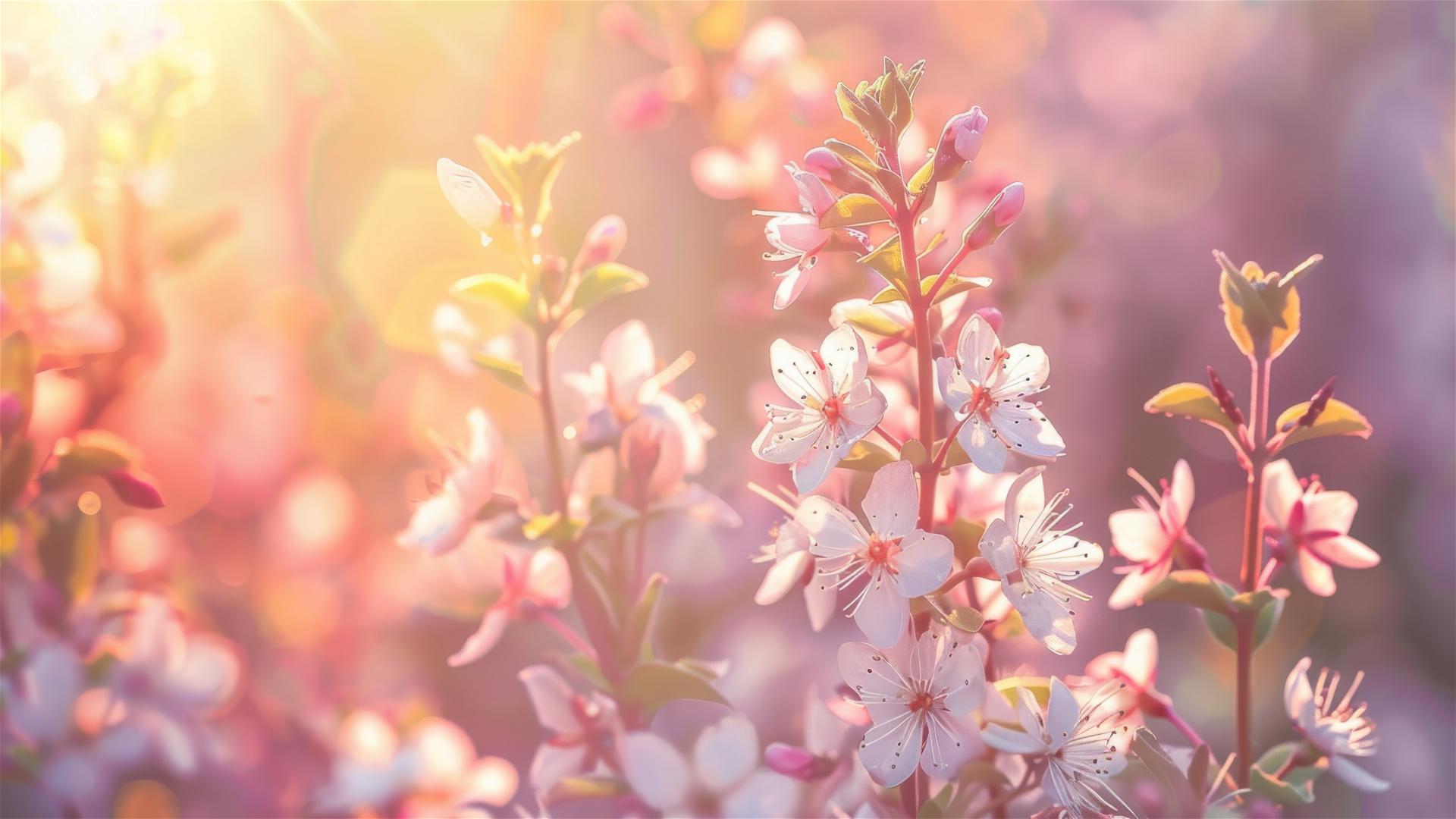 Spring flowers on a pastel pink background, illuminated by sunlight