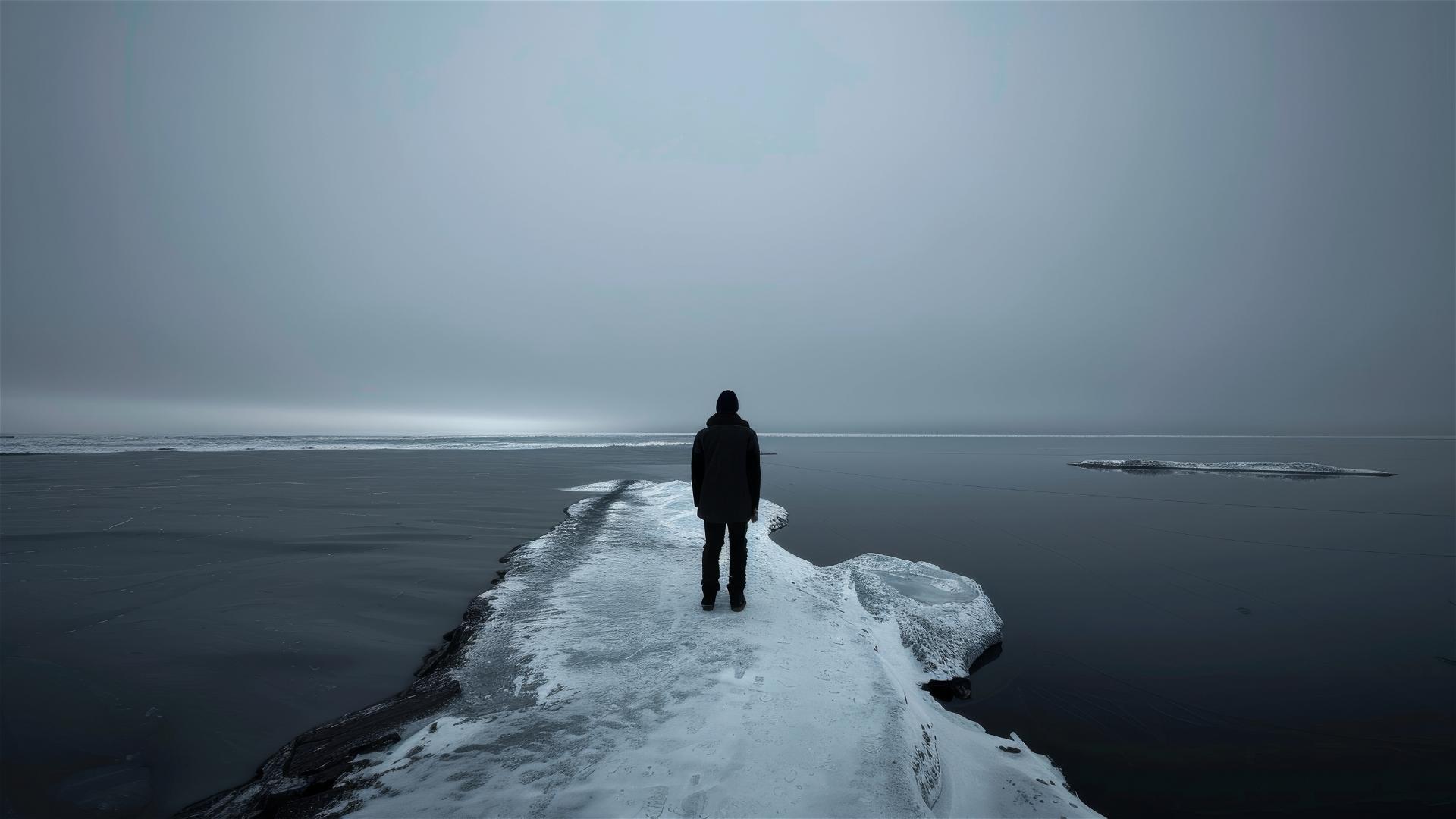 Aerial view of Antarctica with a dark figure on the icy ground, conveying a sense of loneliness and stillness