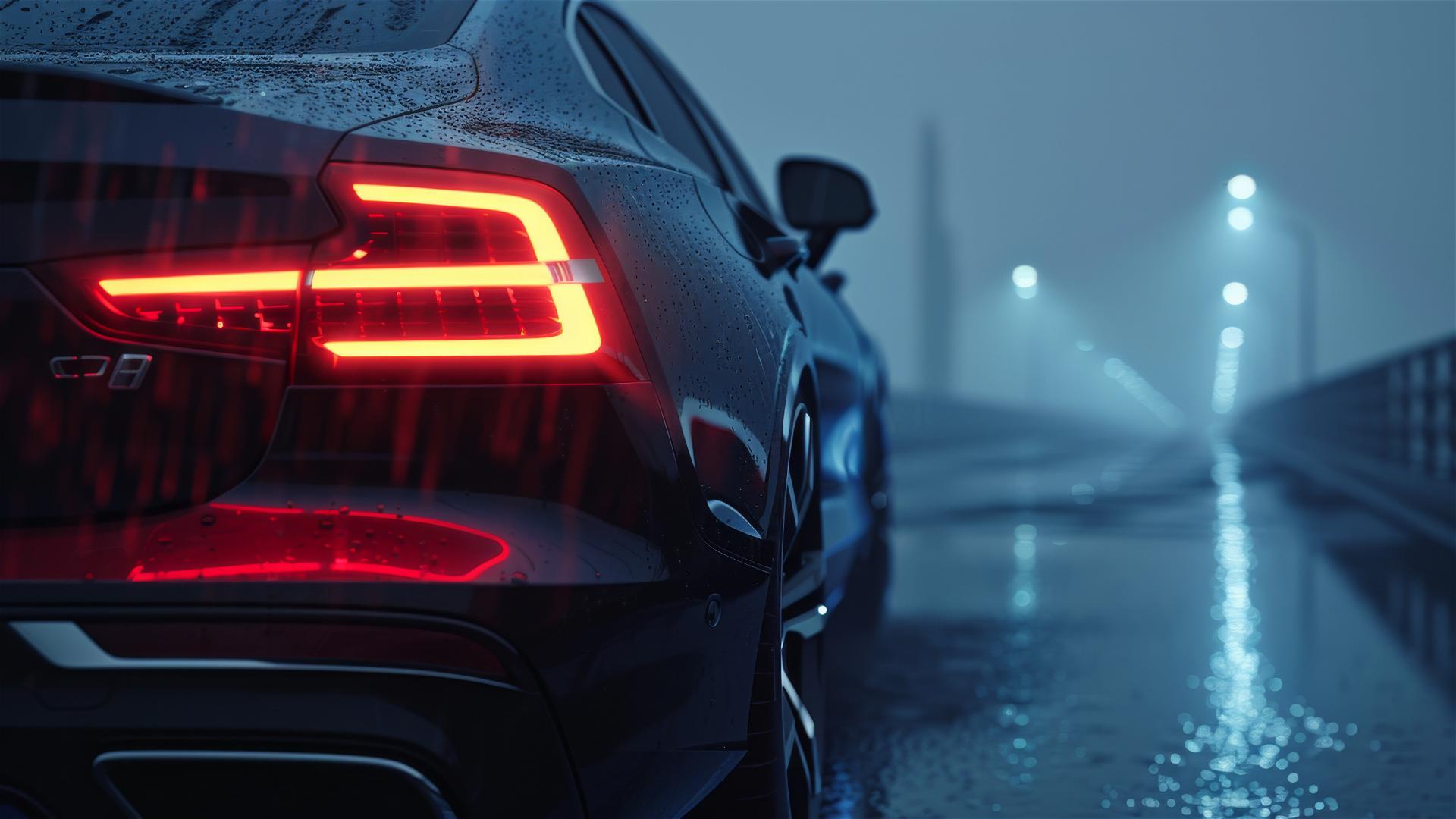 Volvo V60 Polestar in dim lighting with gothic gloomy atmosphere and foggy setting, featuring a closeup view, rendered in 8K photorealistic quality