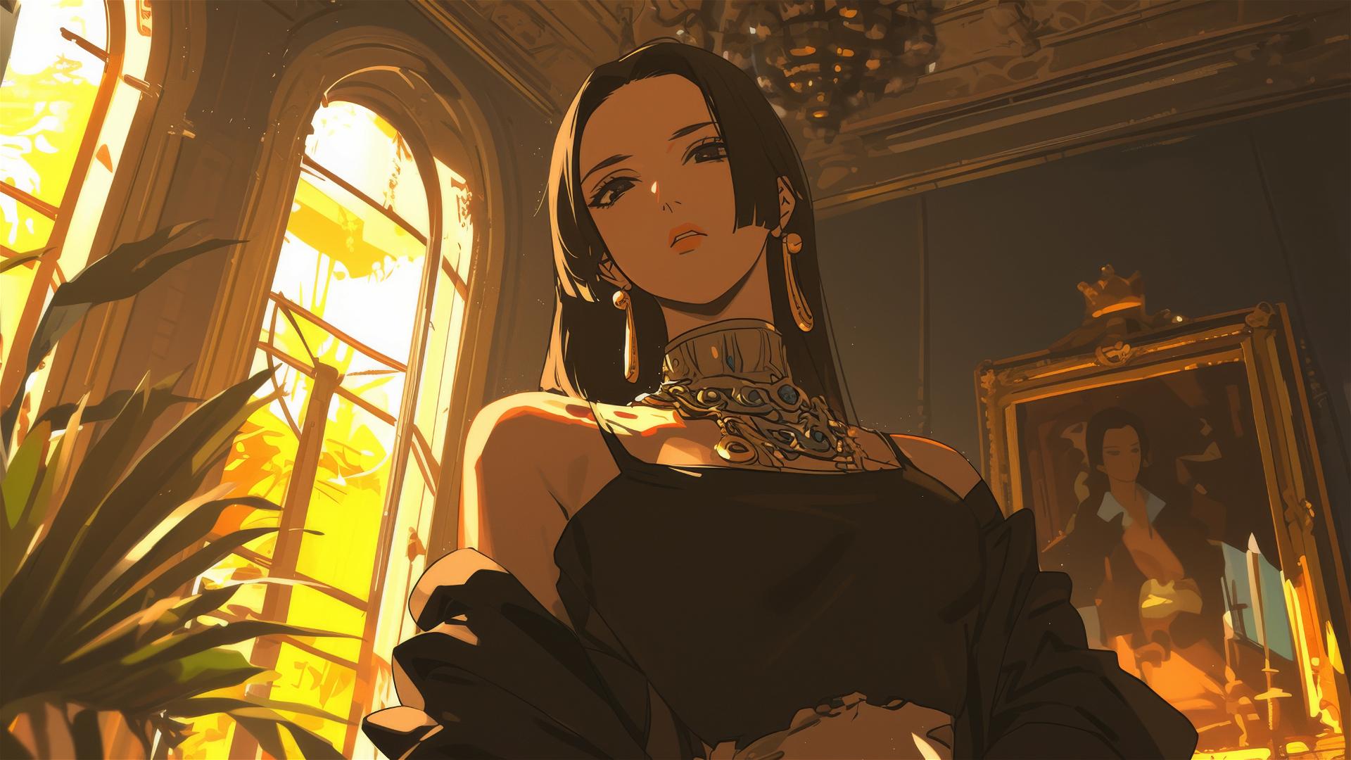 Boa Hancock from One Piece strolling in an art gallery under soft lights