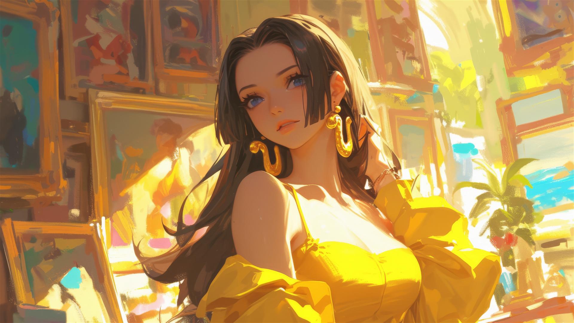 Boa Hancock from One Piece wandering in an art gallery under soft lighting