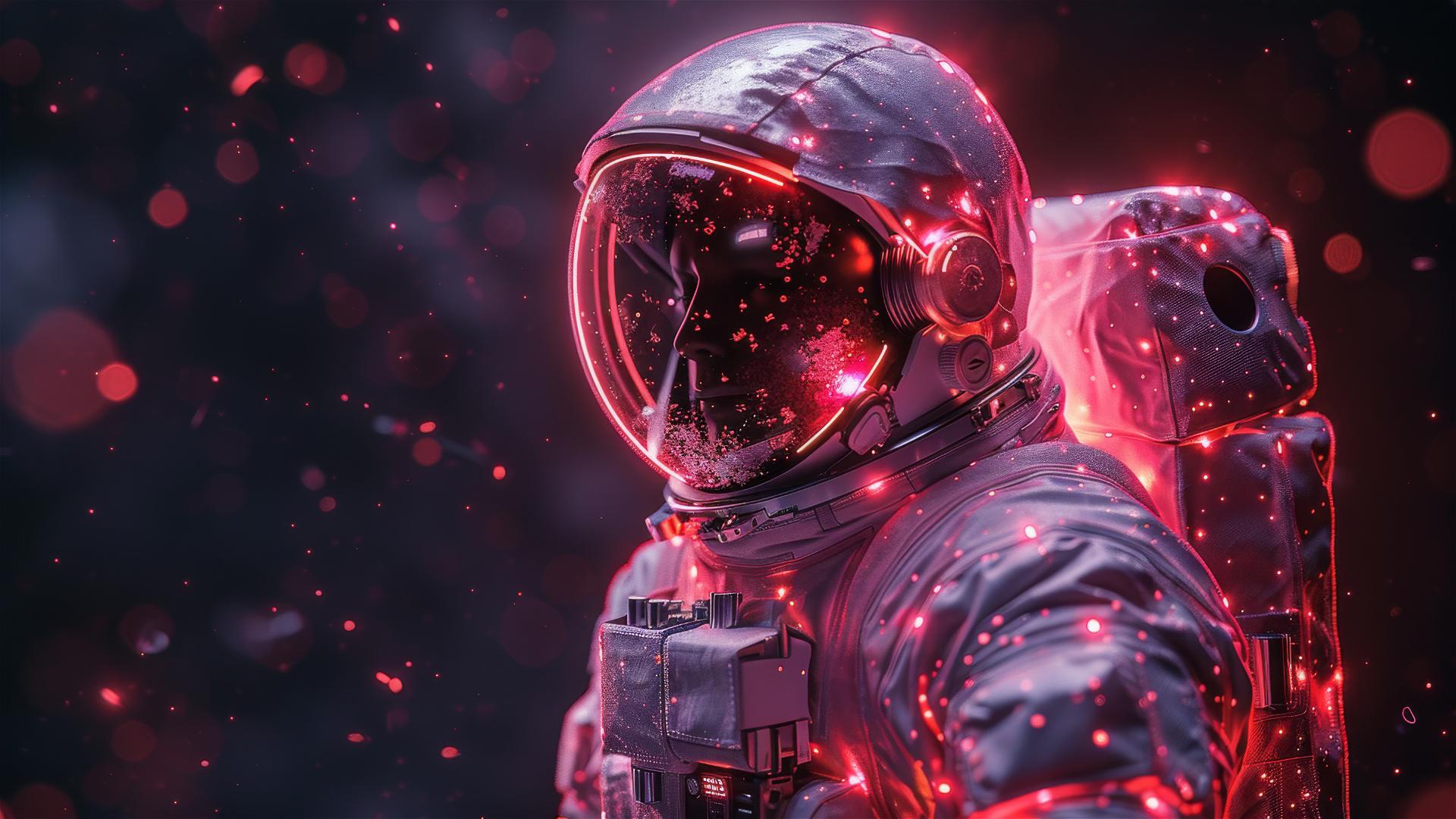 Detailed hot pink astronaut on pitch-black background with deep contrast and chiaroscuro effect
