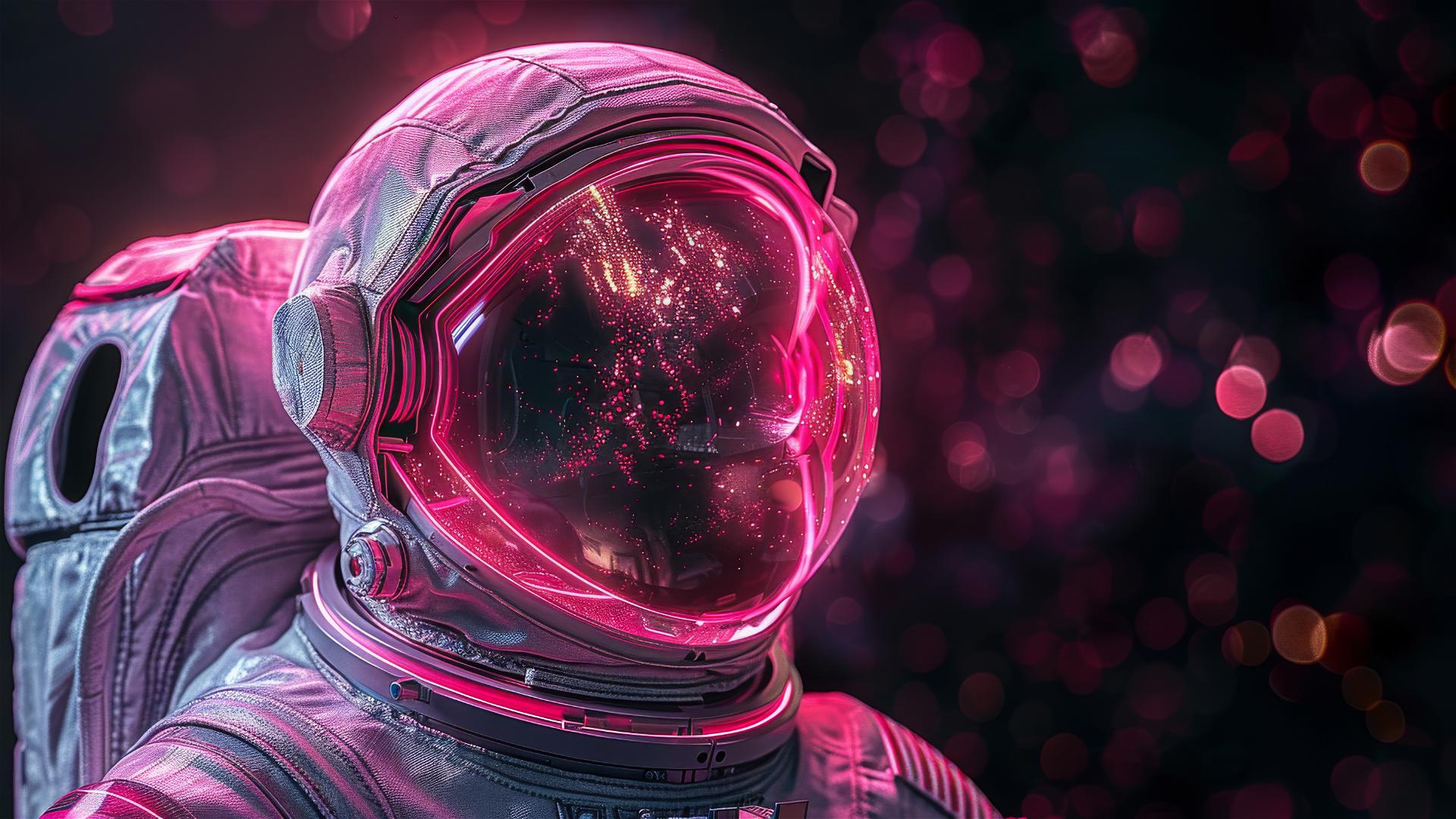 Hot pink astronaut with deep contrast on black, chiaroscuro effect