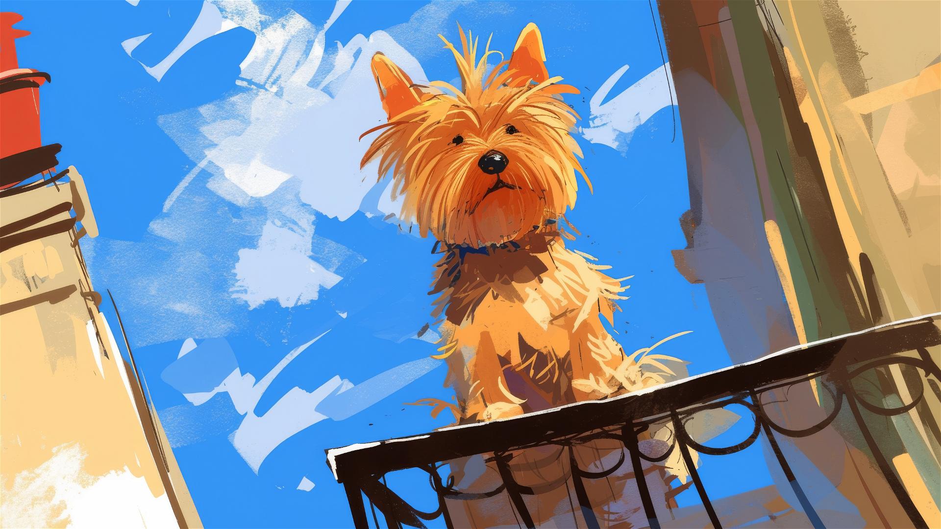 A simple doodle of a big fat Yorkshire Terrier sits on a balcony looking to the camera with his big eyes, a simple drawing in the style of Quentin Blake, minimalism, chill
