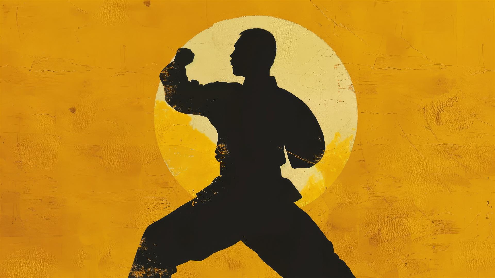 1970s-era Black martial artist silhouette on yellow background