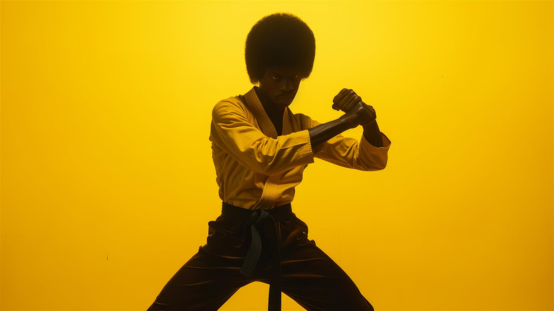 1970s-era Black martial artist silhouette on yellow background