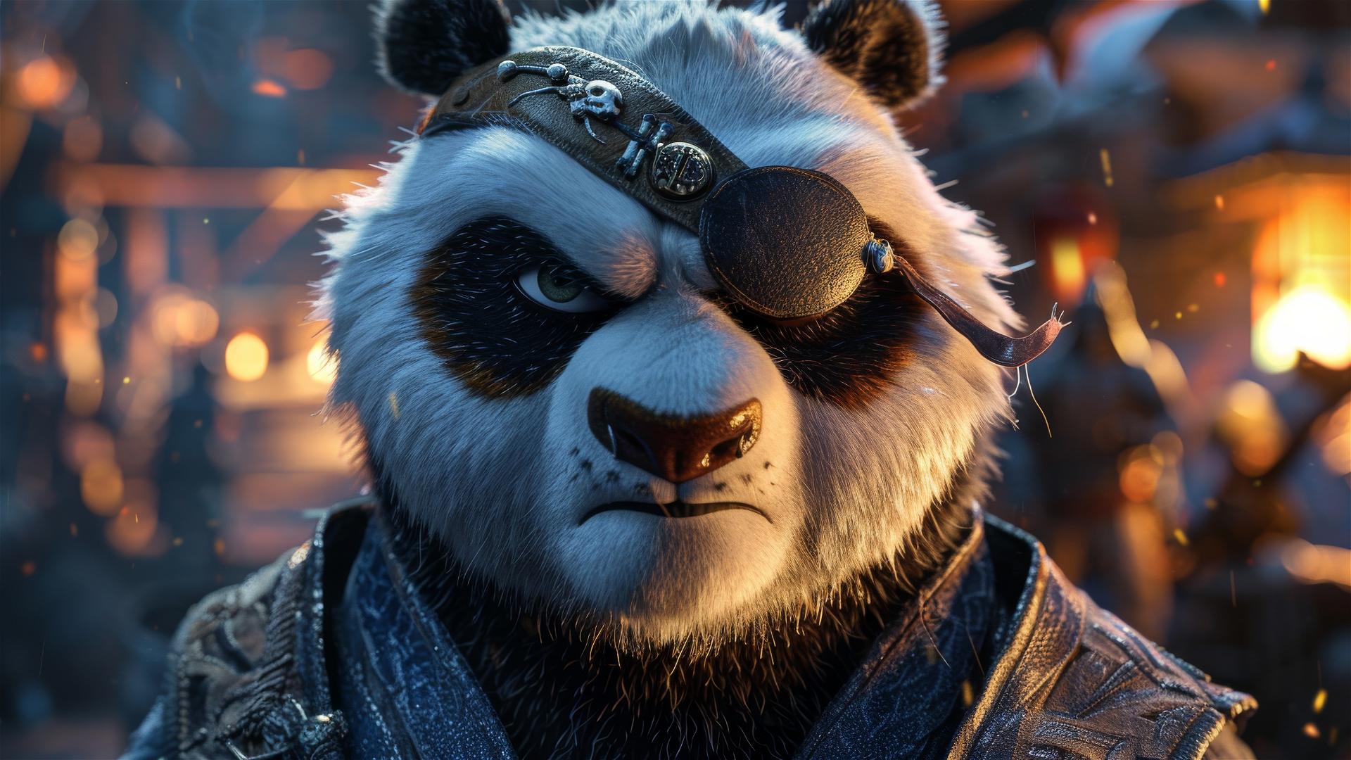Detailed Pixar-style panda with a pirate eyepatch, textured fur, expressive eyes