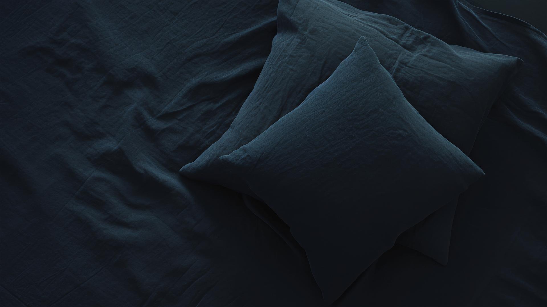 Aesthetic dark bedroom with black silk sheets and a single dark pillow, the fabric's sheen catching the light, intimate and stylish