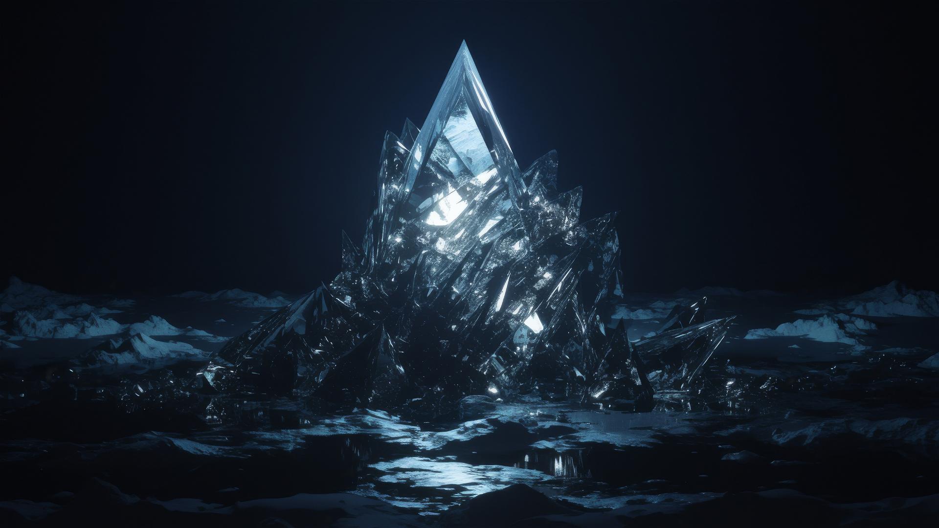 Black ice sculpture in a dark room with faint light reflections