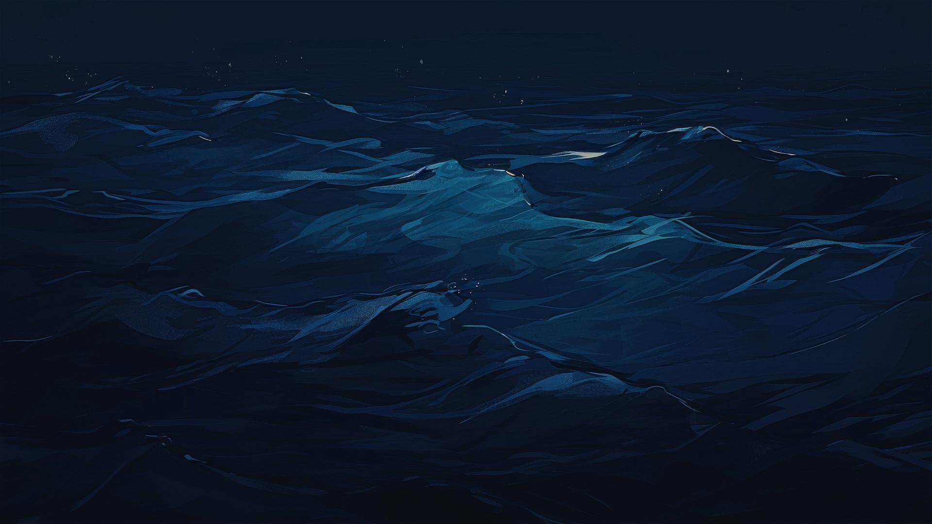 Aesthetic dark ocean scene at midnight with dark blue waves