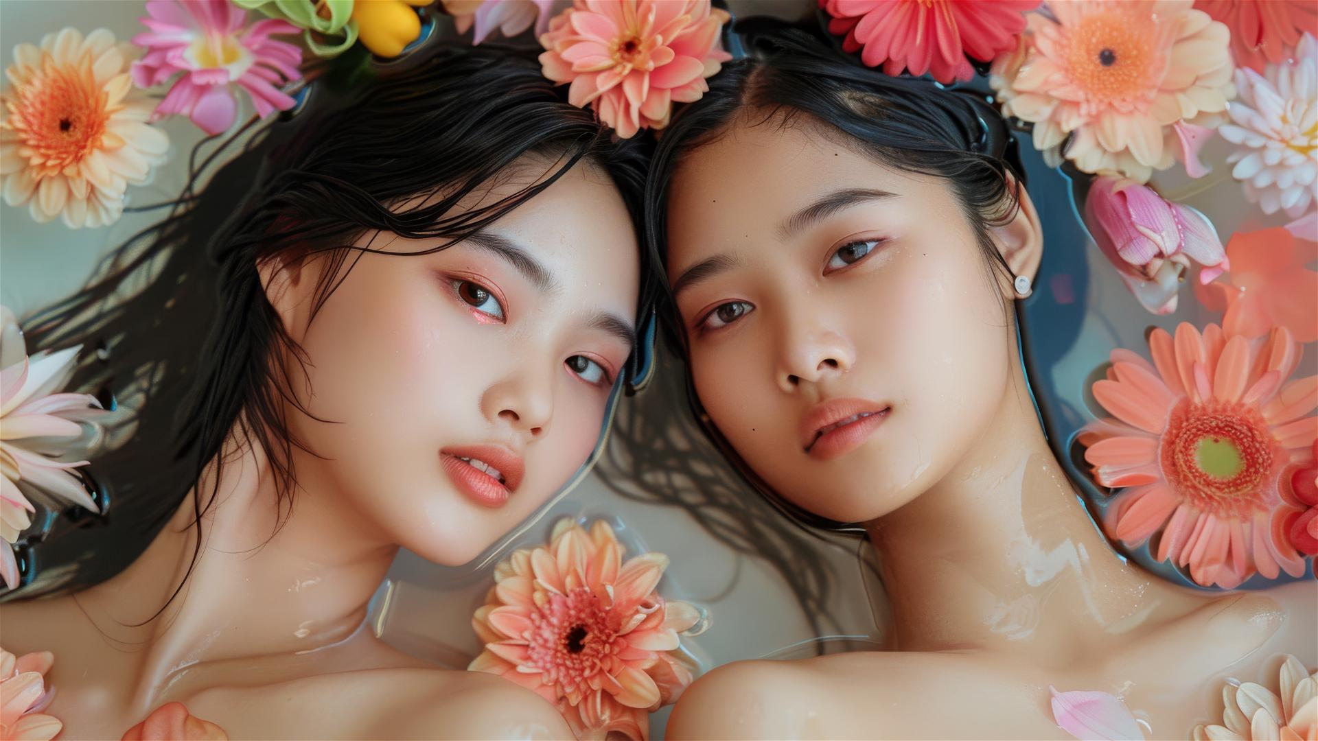 Two 20-year-old Asian women in a floral tub at a Chinese spa