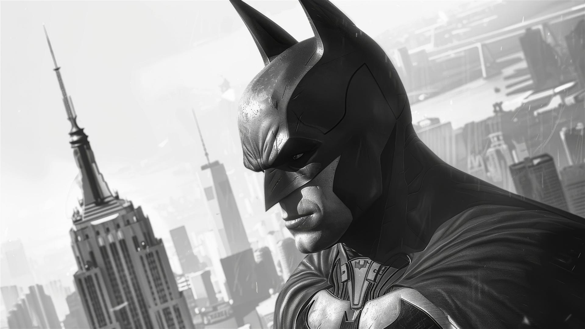 Illustration of Batman in Arkham City in grayscale on a white background